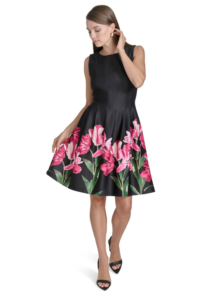 Womens Sleeveless Crew Neck Floral Print A-Line Dress