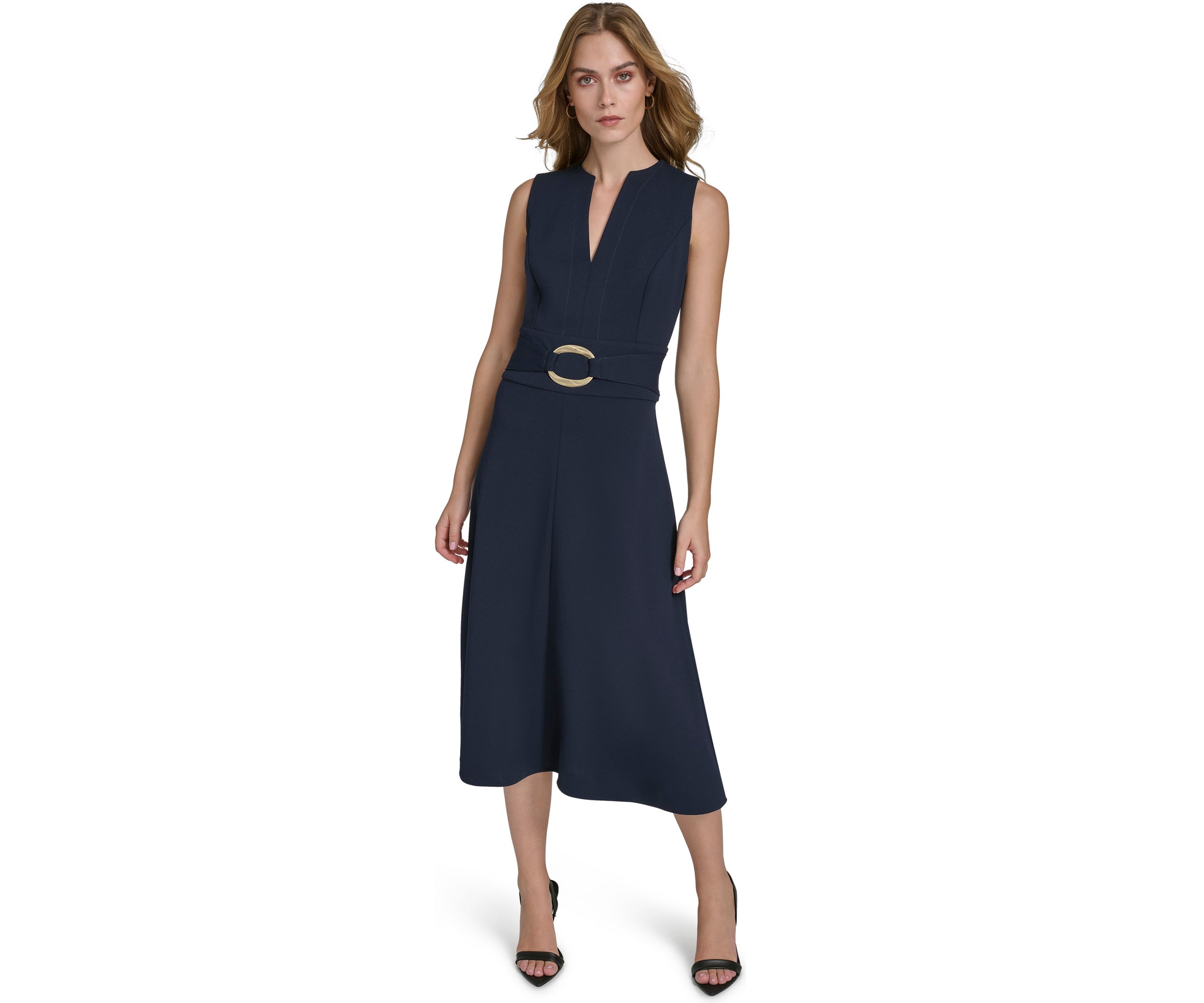 Womens Sleeveless V-Neck Belted Midi Fit and Flare Dress