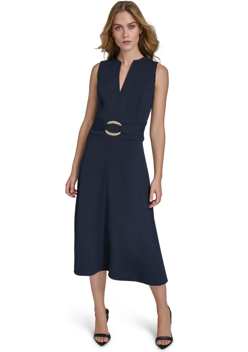 Womens Sleeveless V-Neck Belted Midi Fit and Flare Dress