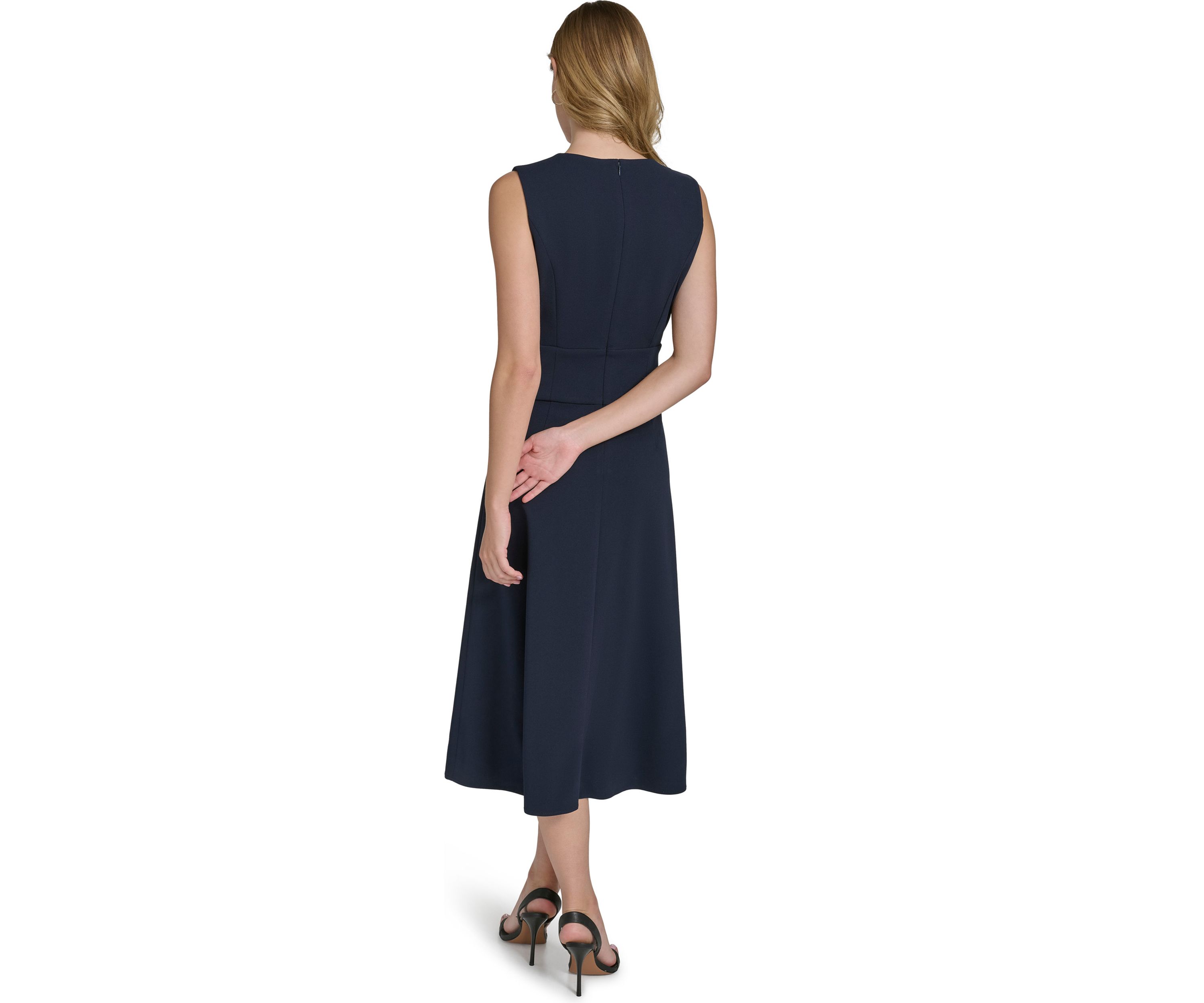 Womens Sleeveless V-Neck Belted Midi Fit and Flare Dress
