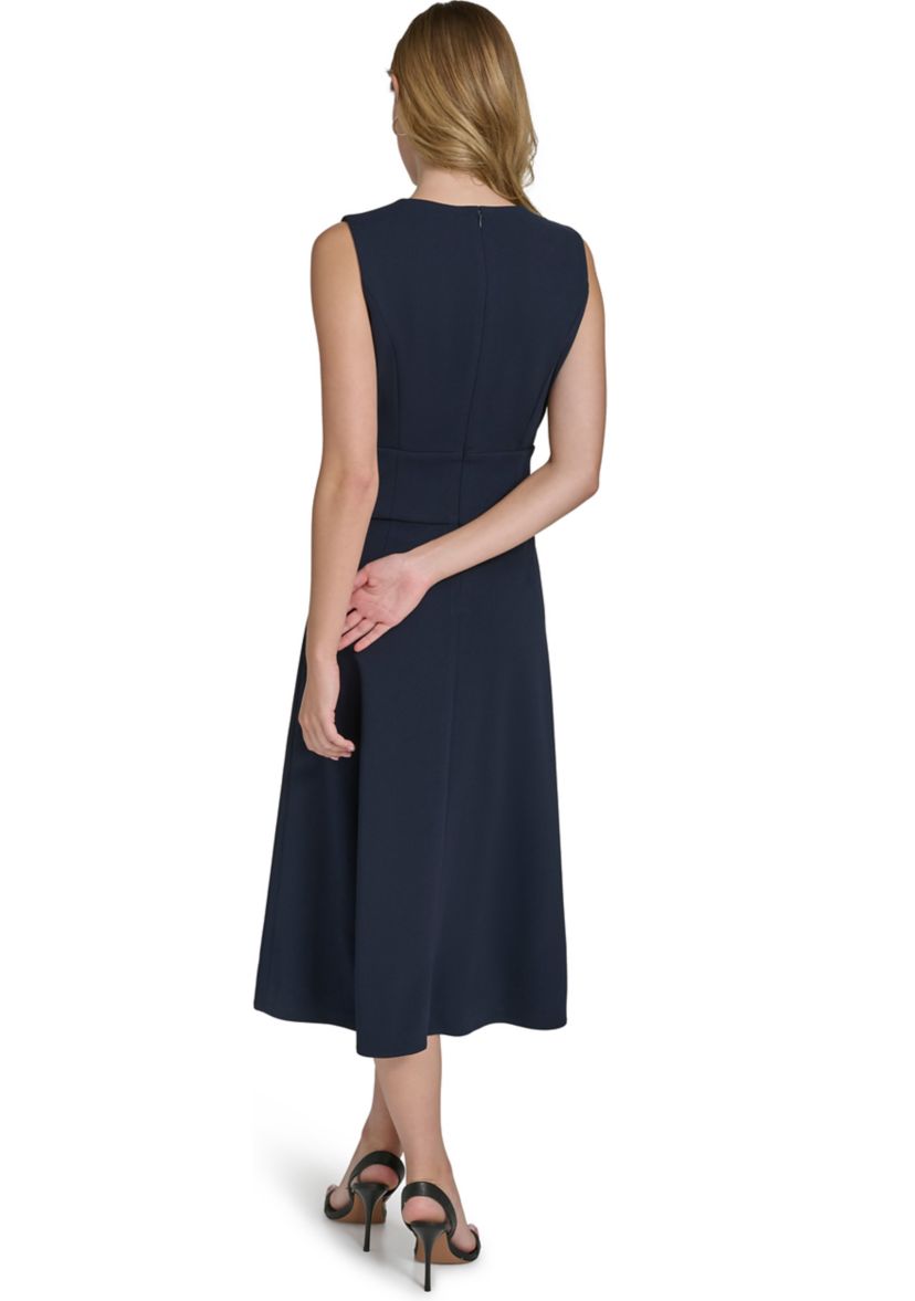 Womens Sleeveless V-Neck Belted Midi Fit and Flare Dress