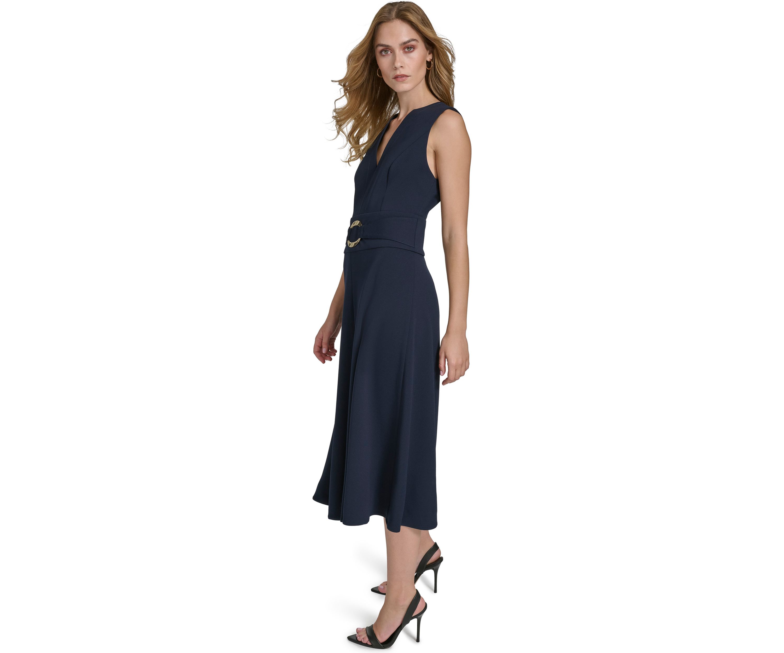 Womens Sleeveless V-Neck Belted Midi Fit and Flare Dress