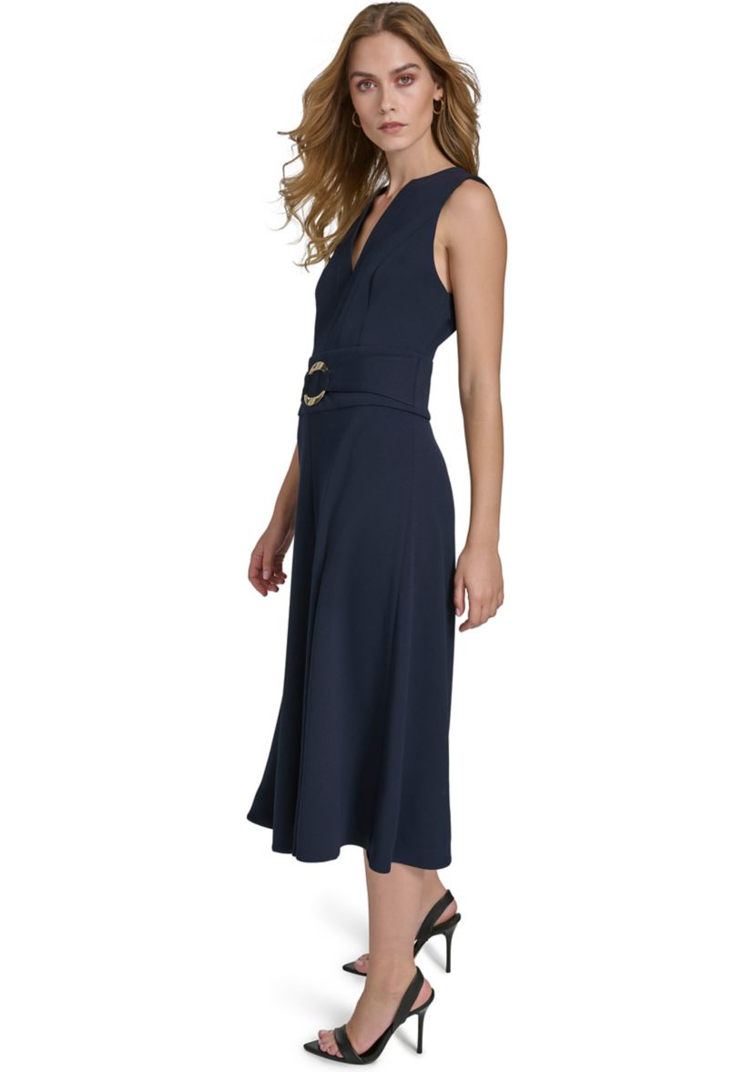 Womens Sleeveless V-Neck Belted Midi Fit and Flare Dress