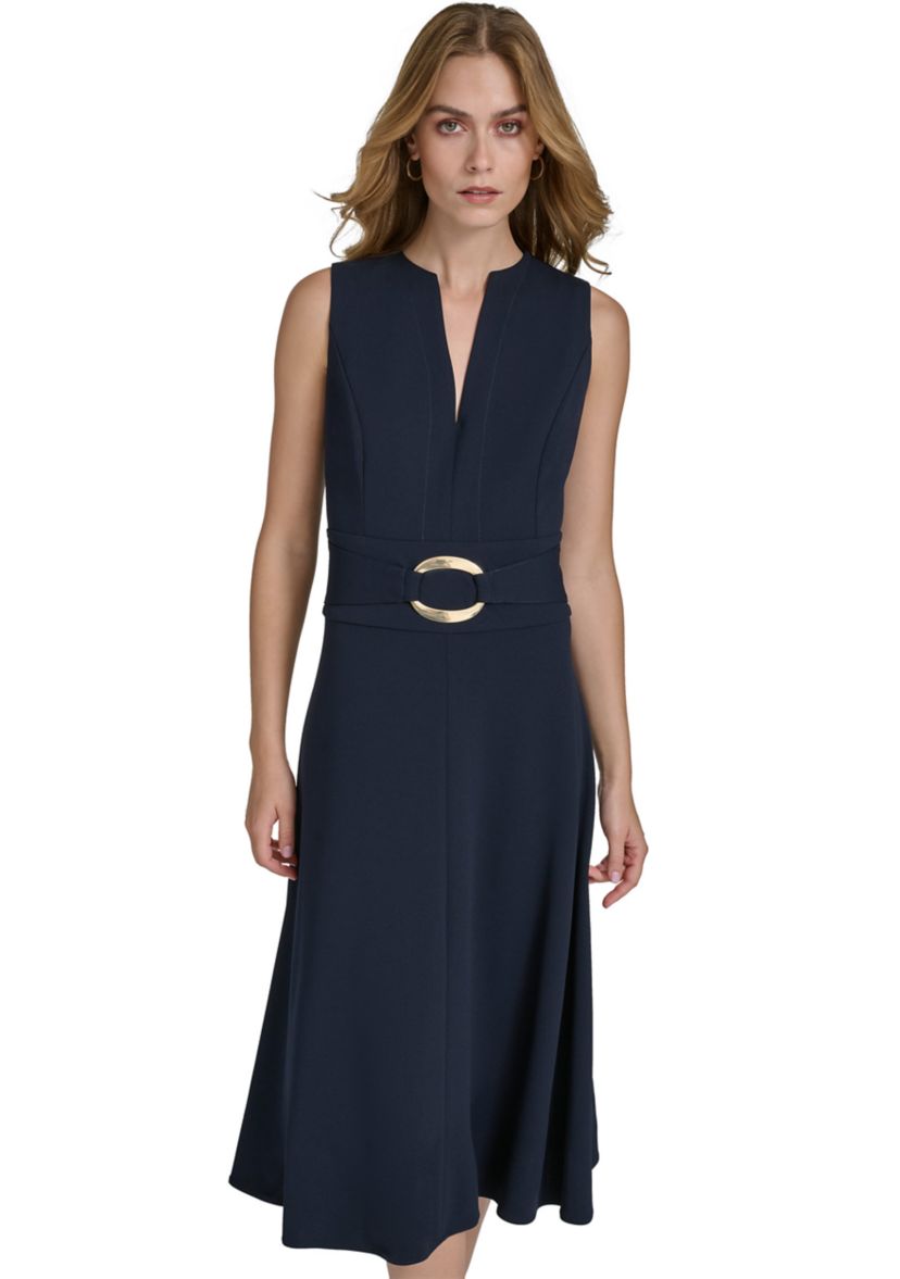 Womens Sleeveless V-Neck Belted Midi Fit and Flare Dress