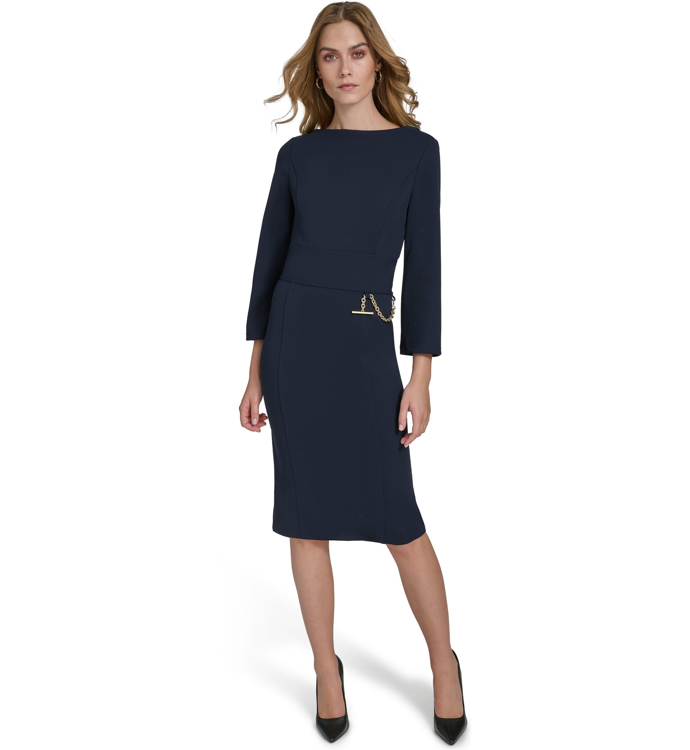 Womens 3/4 Sleeve Wide Boat Neck Belted Midi Sheath Dress