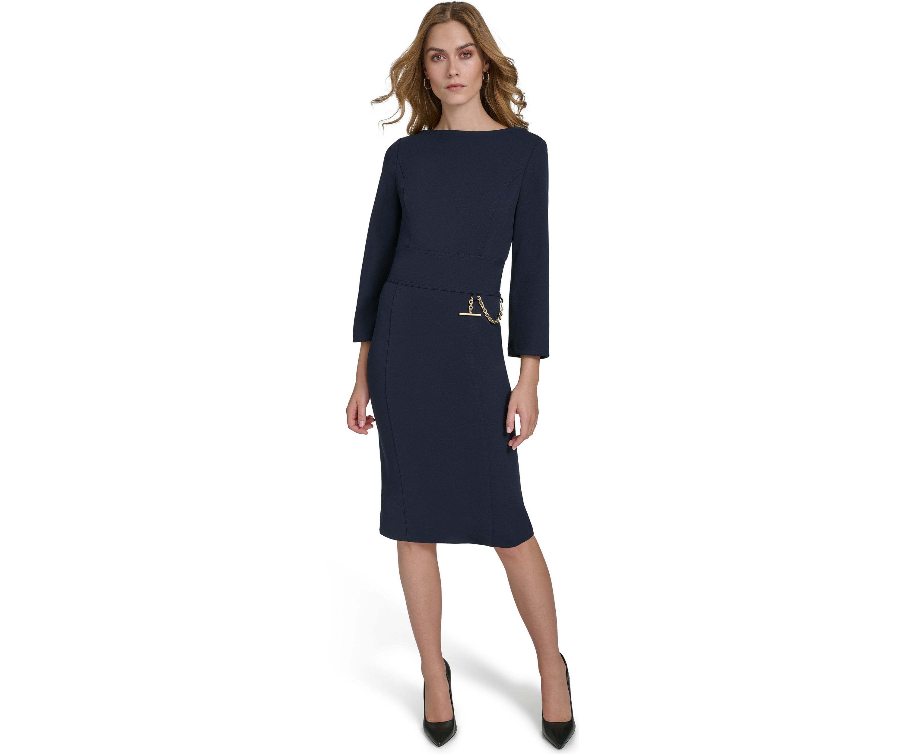 Womens 3/4 Sleeve Wide Boat Neck Belted Midi Sheath Dress
