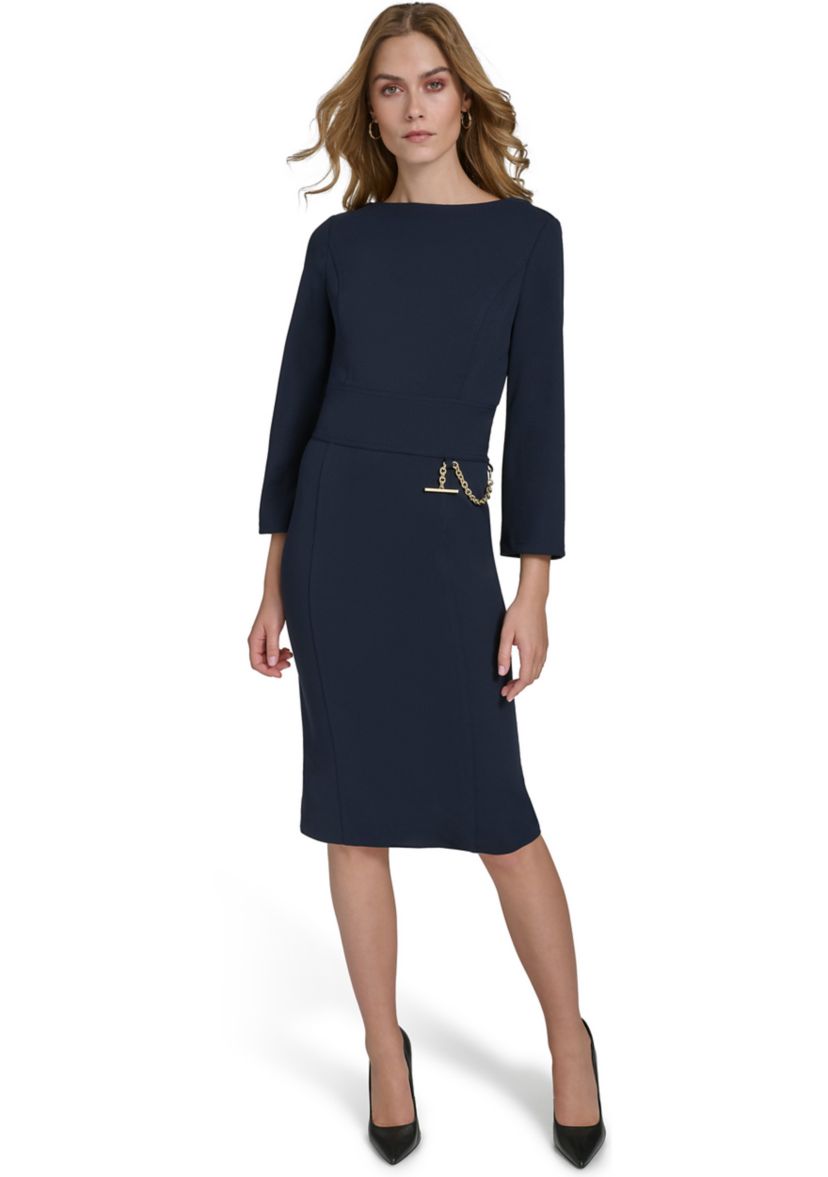Womens 3/4 Sleeve Wide Boat Neck Belted Midi Sheath Dress