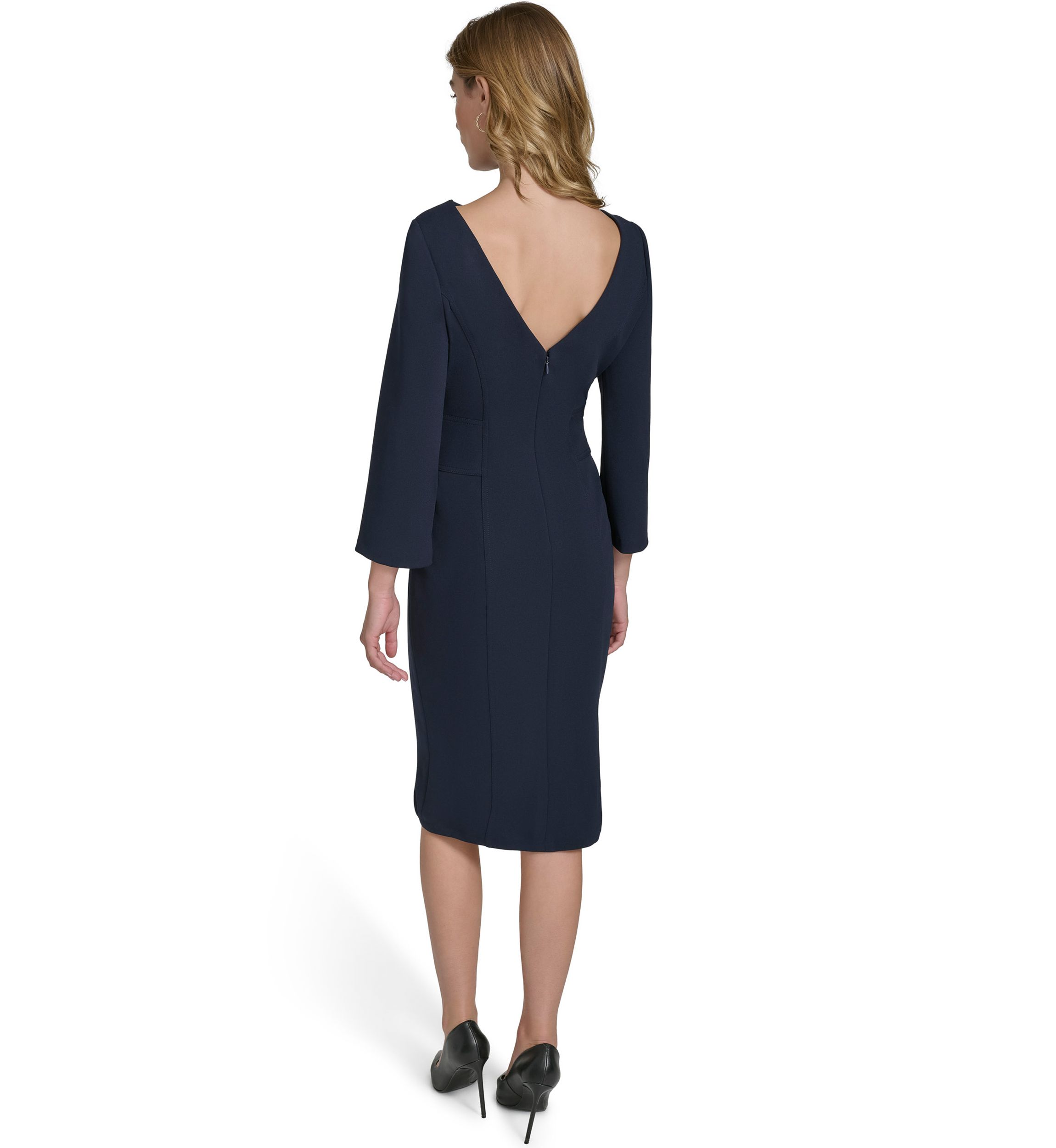 Womens 3/4 Sleeve Wide Boat Neck Belted Midi Sheath Dress