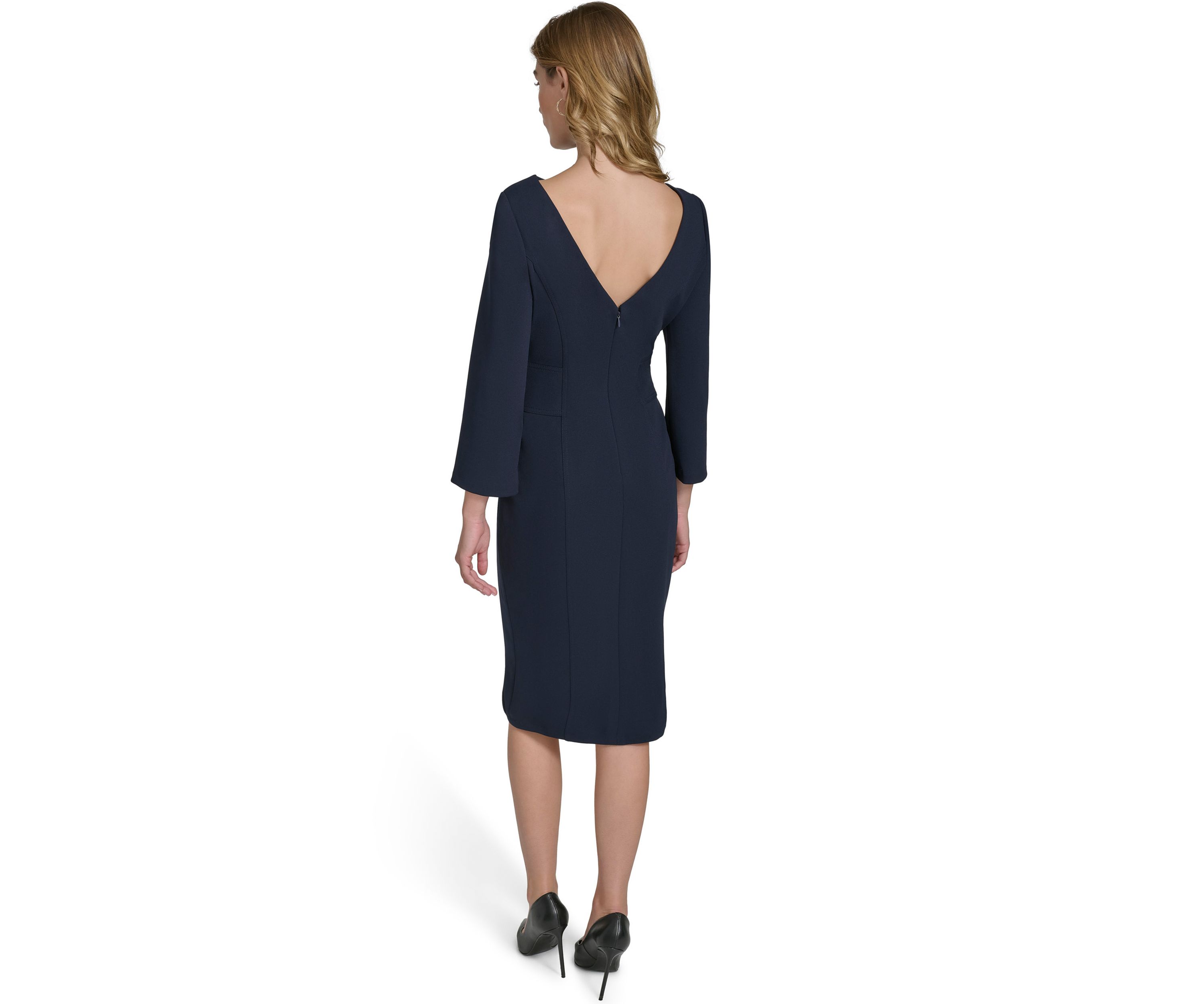 Womens 3/4 Sleeve Wide Boat Neck Belted Midi Sheath Dress