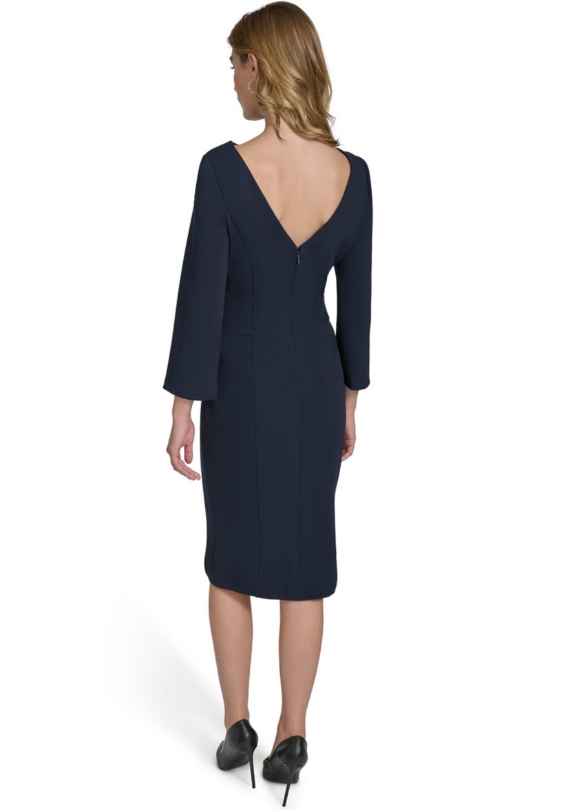 Womens 3/4 Sleeve Wide Boat Neck Belted Midi Sheath Dress