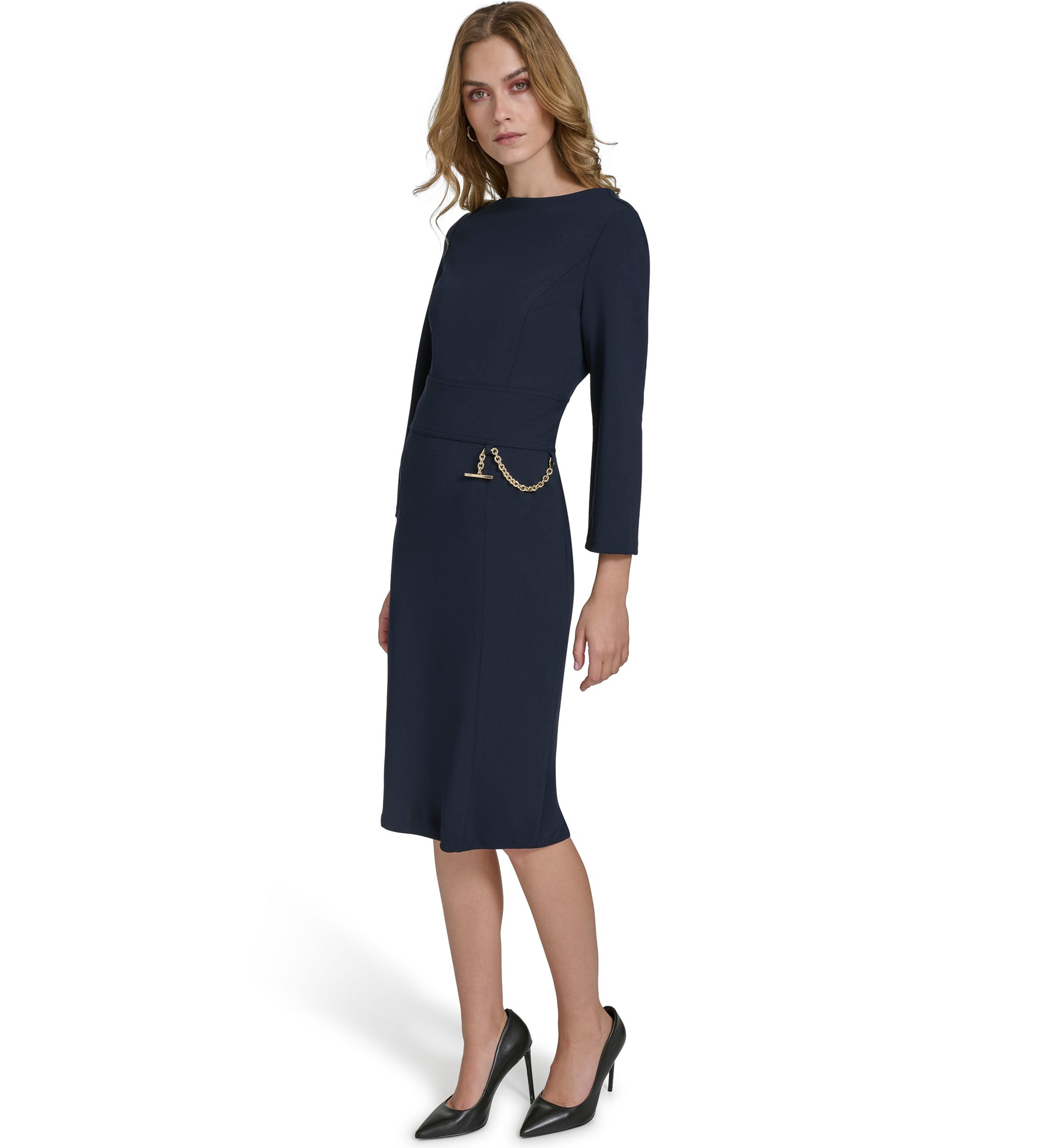 Womens 3/4 Sleeve Wide Boat Neck Belted Midi Sheath Dress
