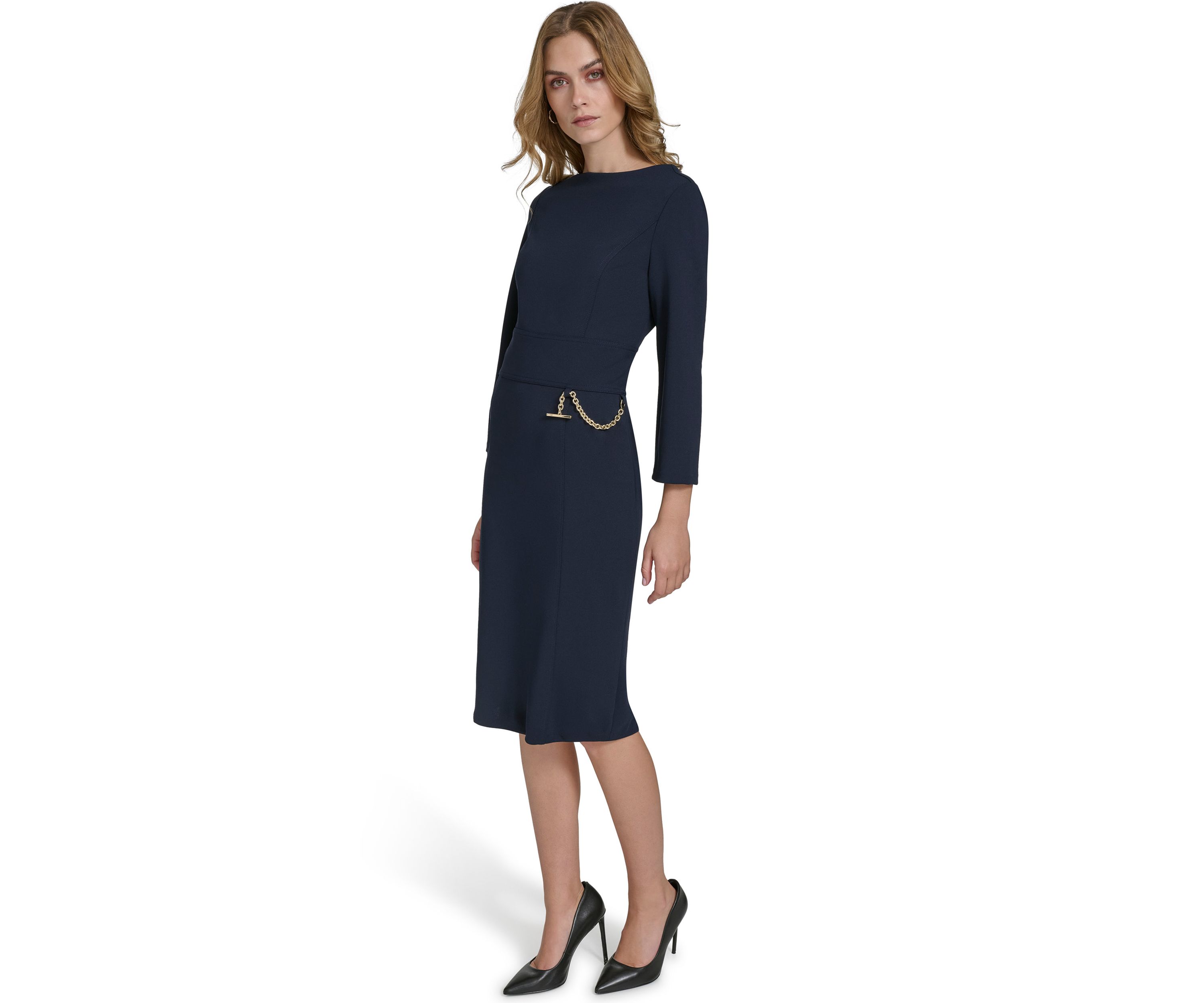 Womens 3/4 Sleeve Wide Boat Neck Belted Midi Sheath Dress