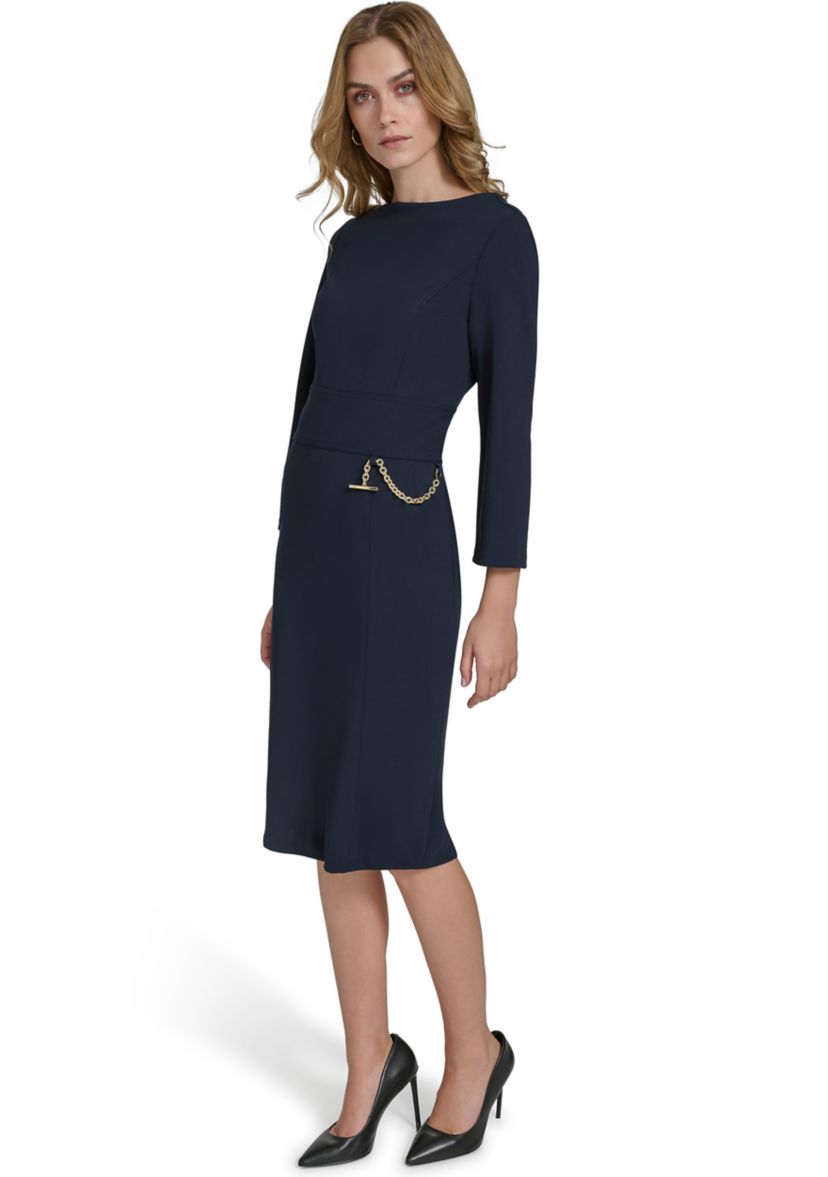 Womens 3/4 Sleeve Wide Boat Neck Belted Midi Sheath Dress