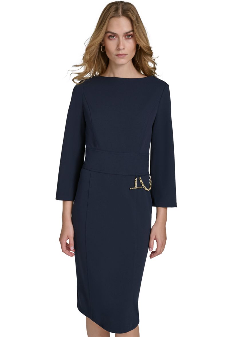 Womens 3/4 Sleeve Wide Boat Neck Belted Midi Sheath Dress