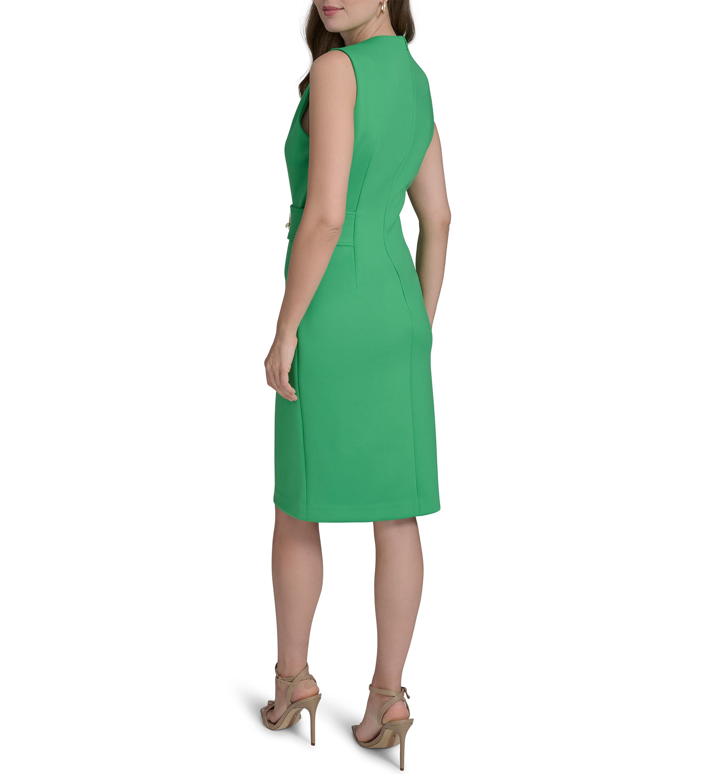 Womens Sleeveless Crew Neck Solid Sheath Dress