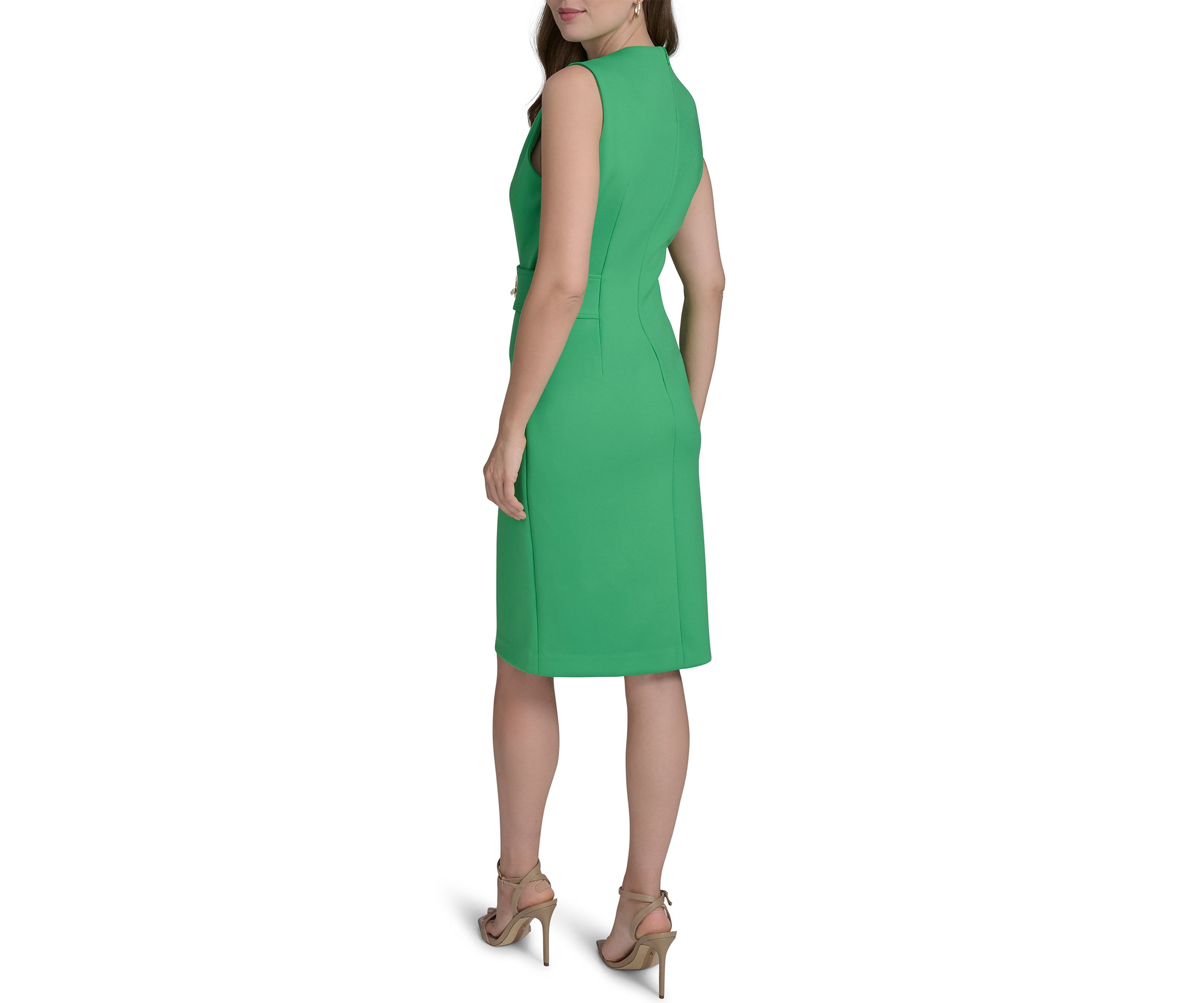 Womens Sleeveless Crew Neck Solid Sheath Dress
