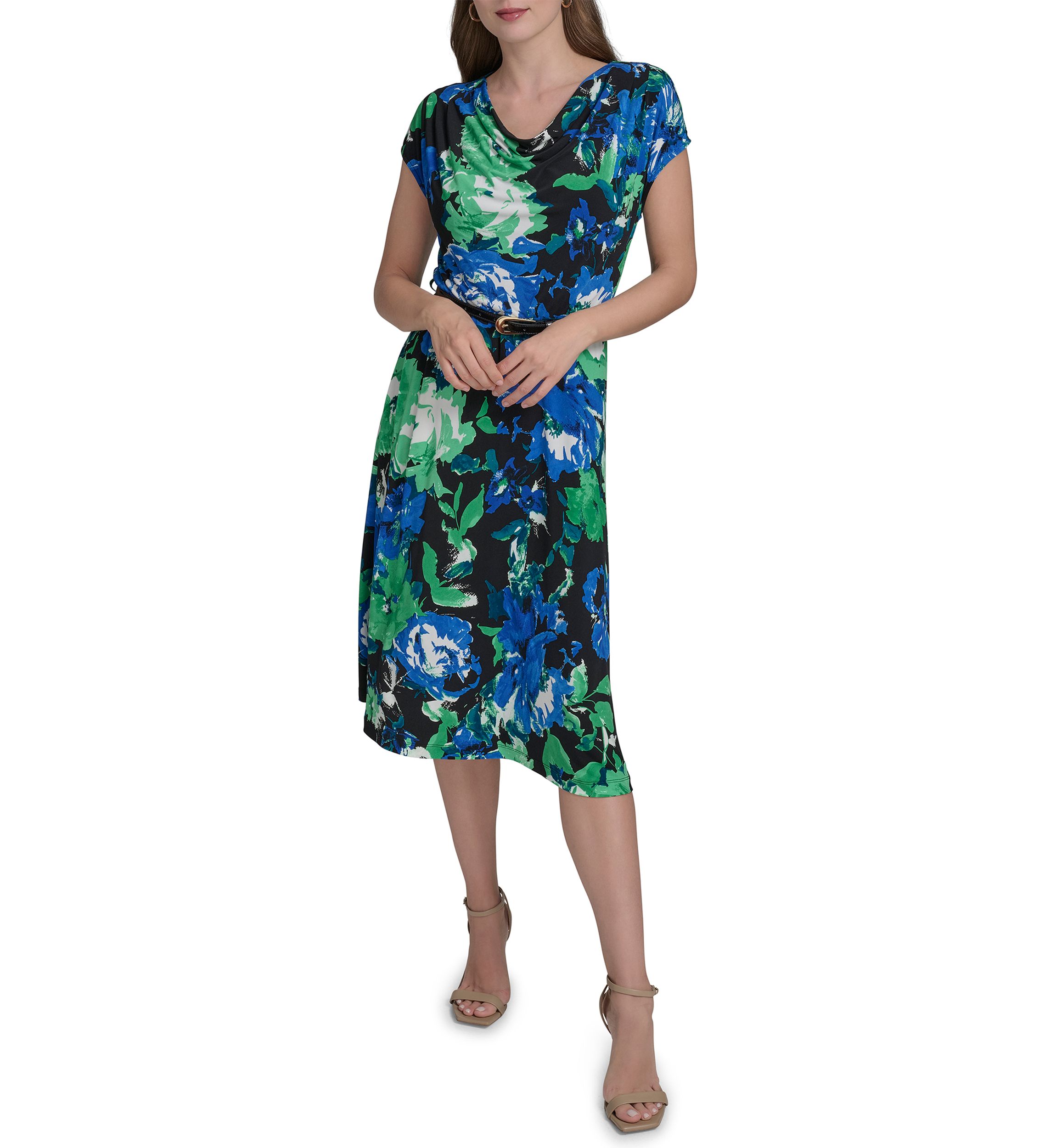 Womens Short Sleeve Cowl Neck Floral Print Belted Midi Fit and Flare Dress 