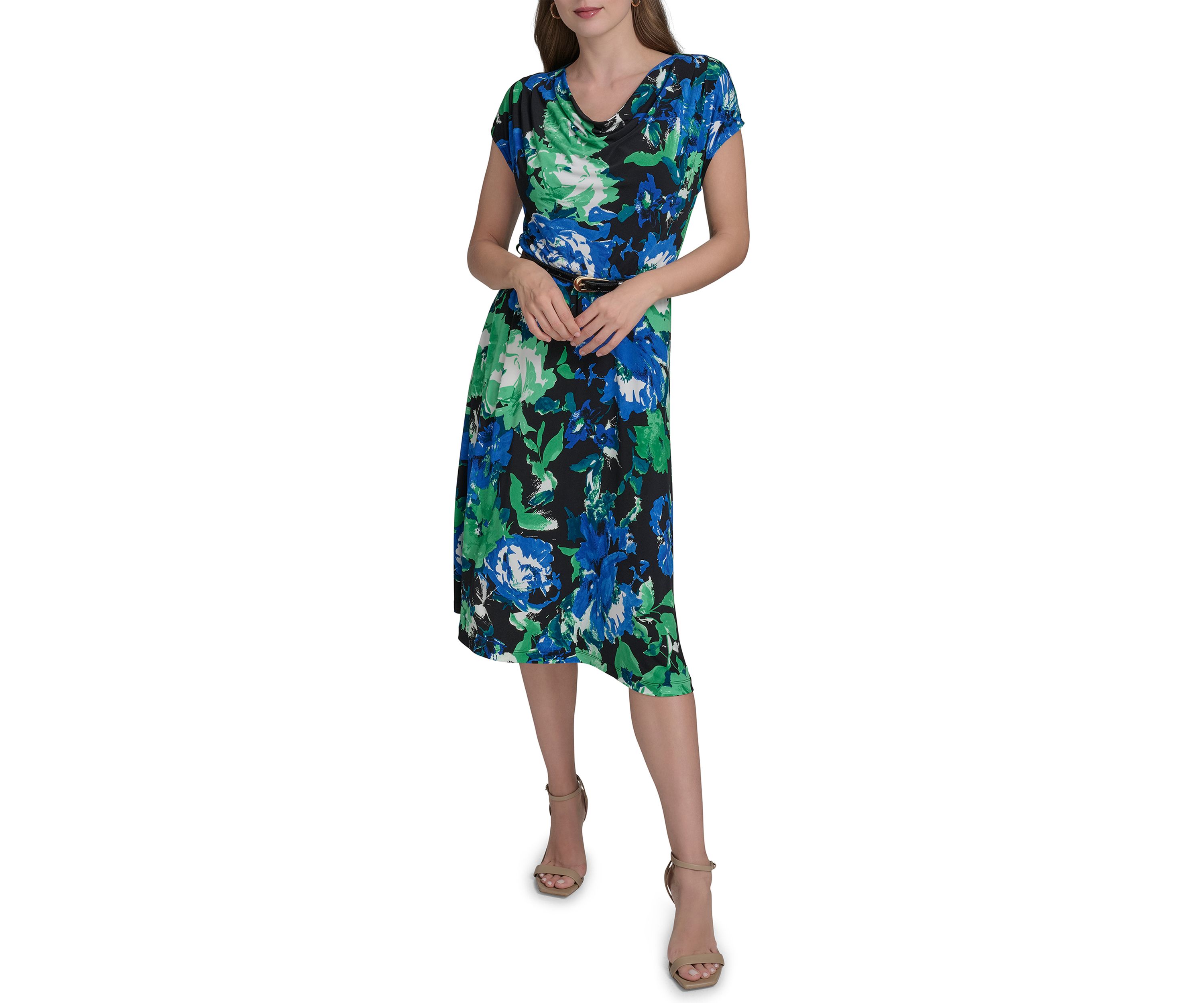 Womens Short Sleeve Cowl Neck Floral Print Belted Midi Fit and Flare Dress 