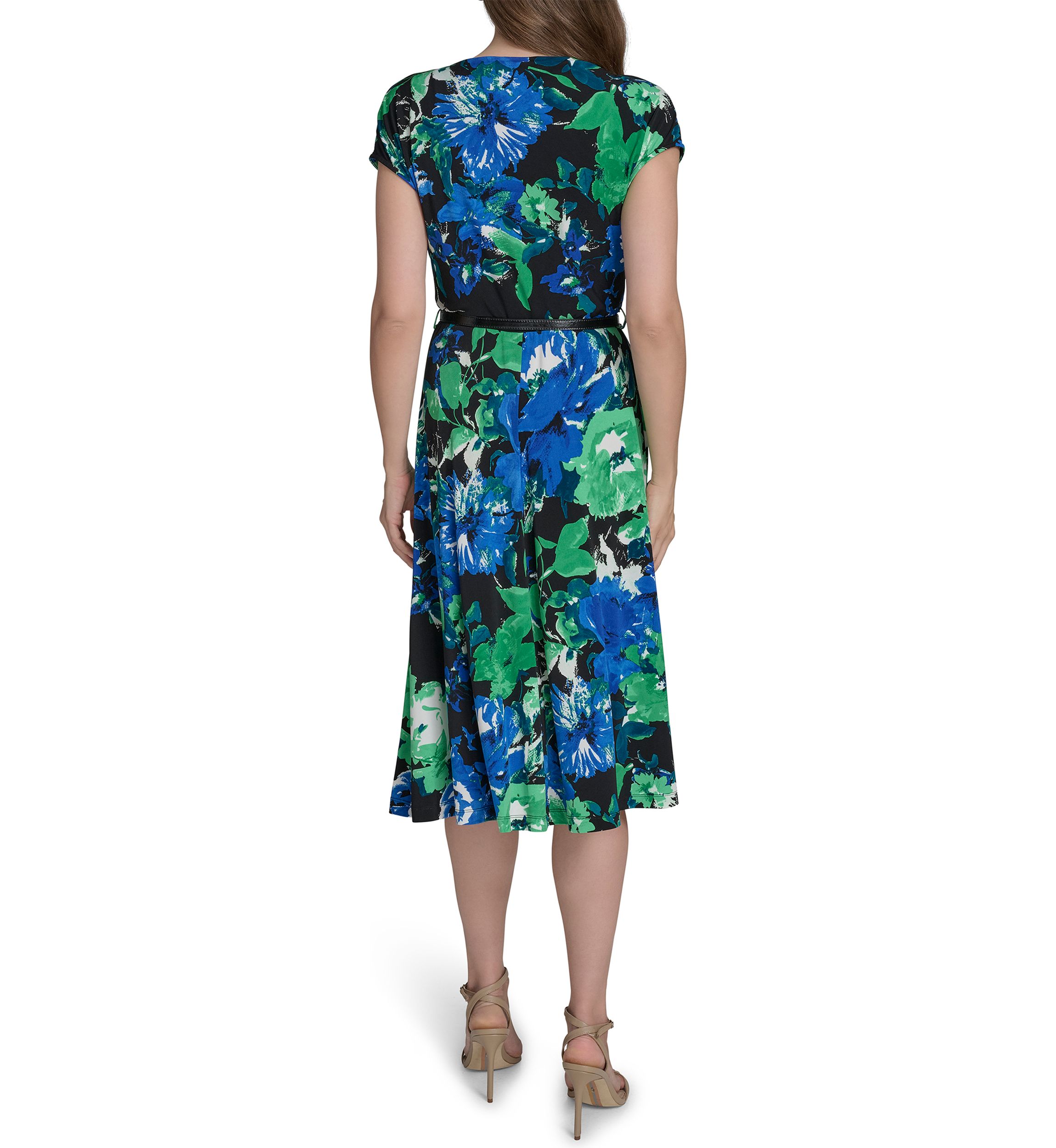 Womens Short Sleeve Cowl Neck Floral Print Belted Midi Fit and Flare Dress 
