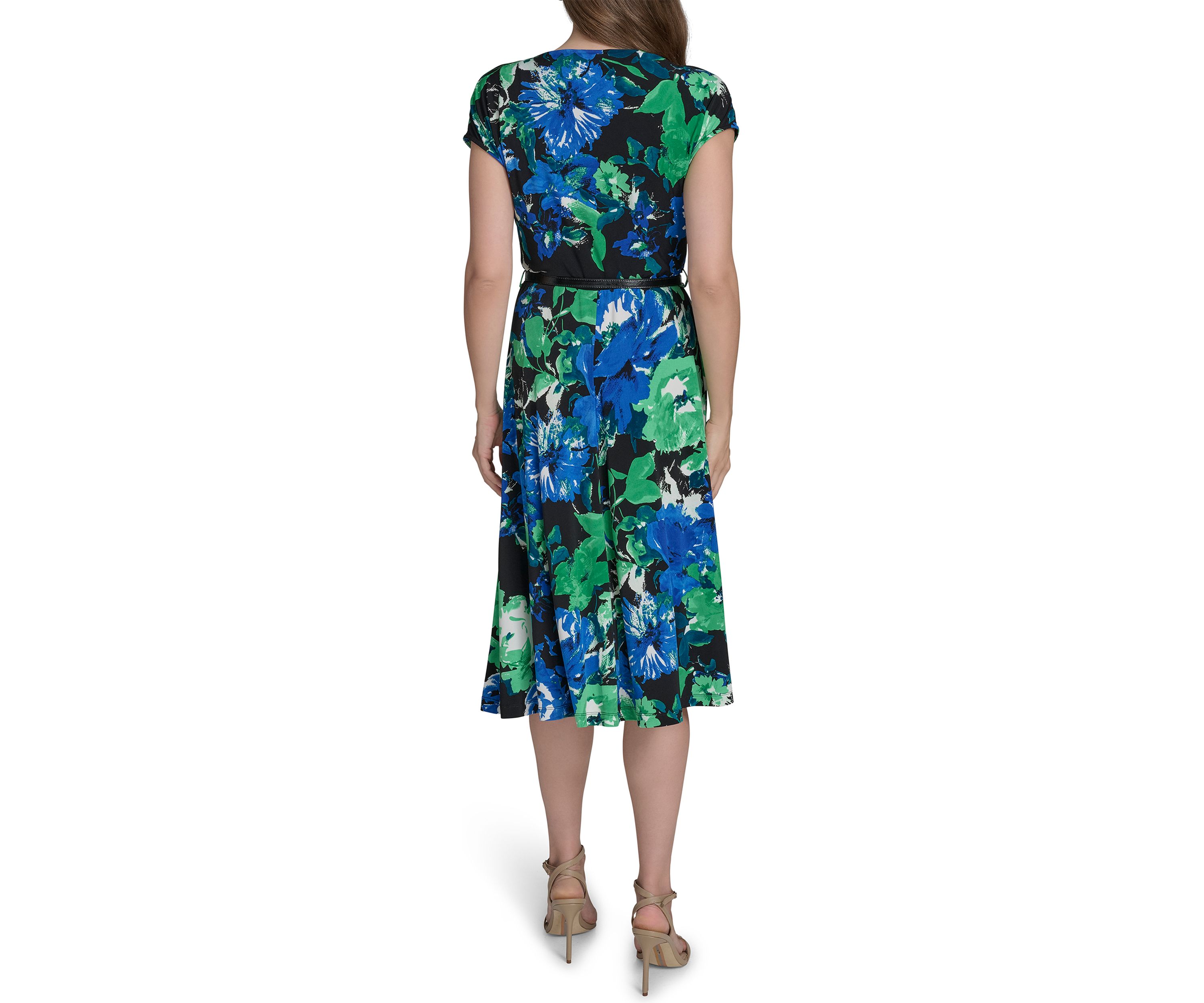 Womens Short Sleeve Cowl Neck Floral Print Belted Midi Fit and Flare Dress 