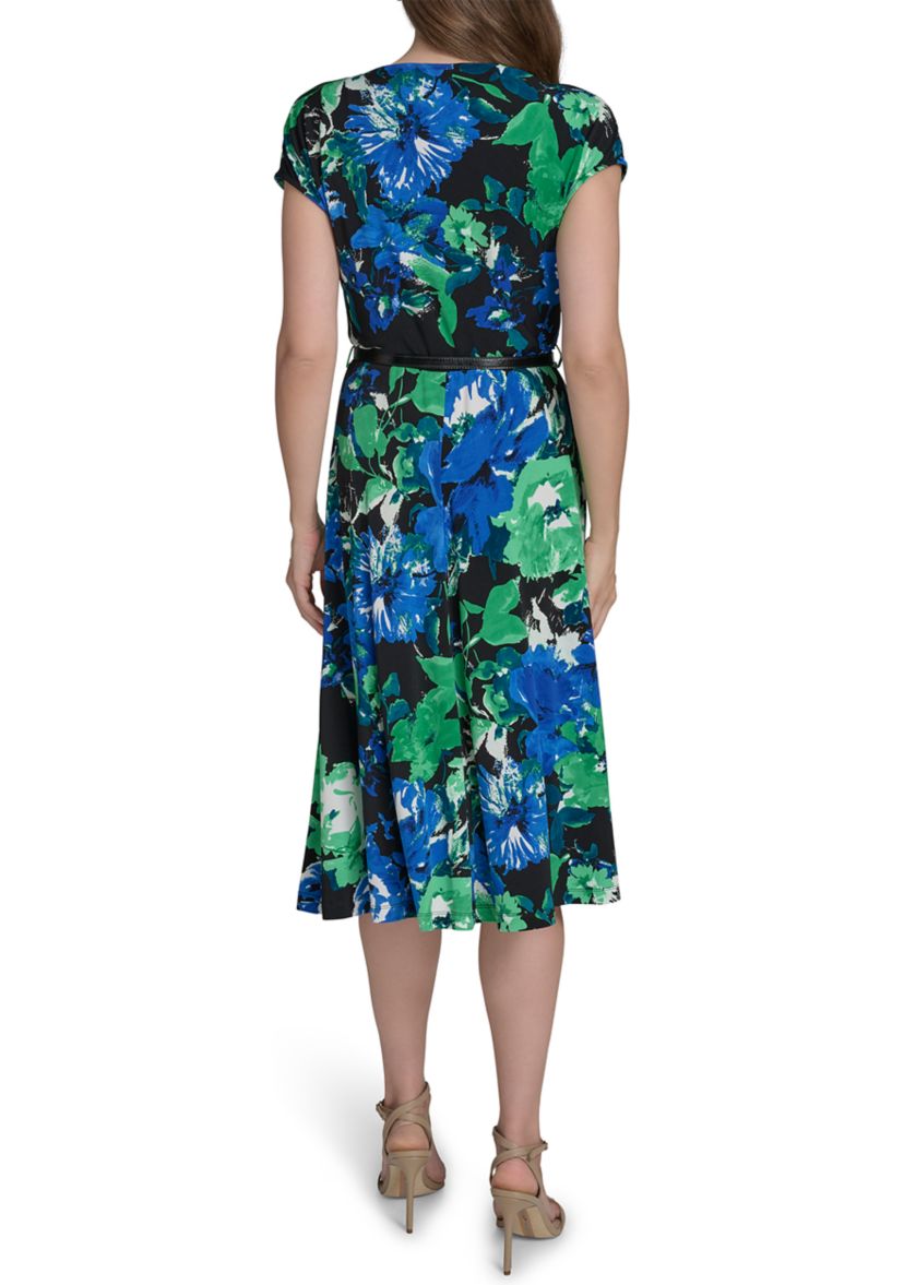 Womens Short Sleeve Cowl Neck Floral Print Belted Midi Fit and Flare Dress 