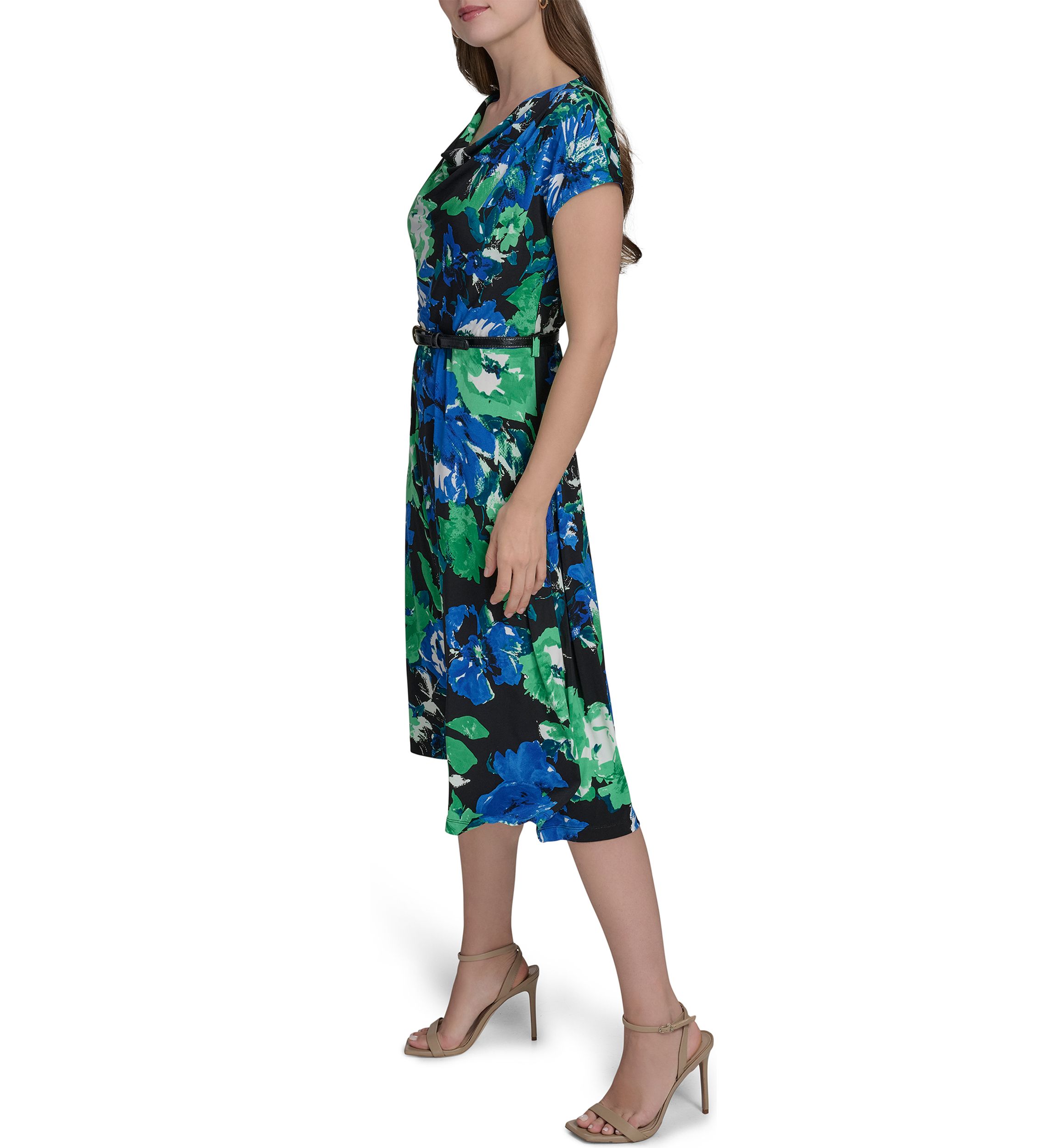 Womens Short Sleeve Cowl Neck Floral Print Belted Midi Fit and Flare Dress 