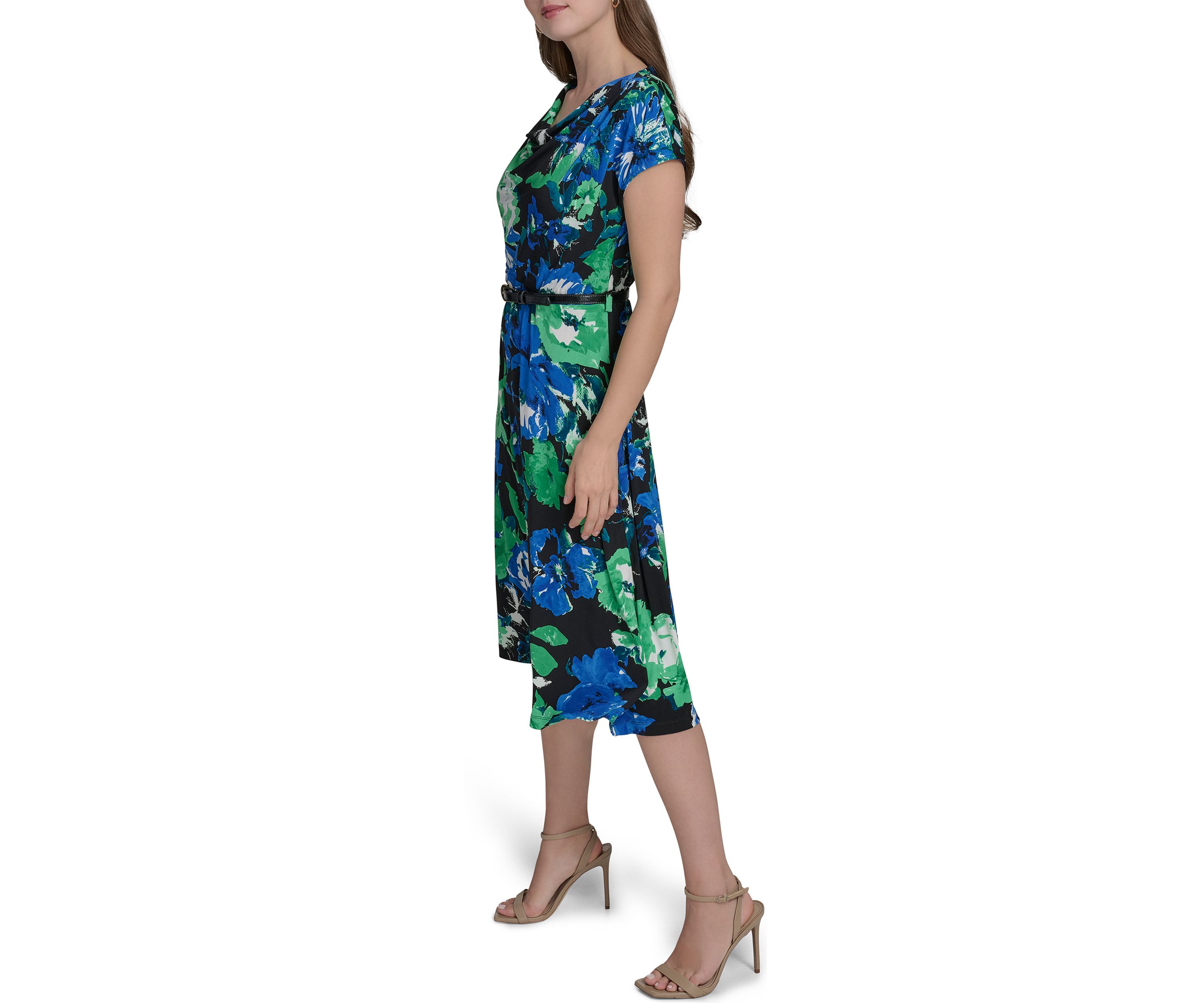 Womens Short Sleeve Cowl Neck Floral Print Belted Midi Fit and Flare Dress 