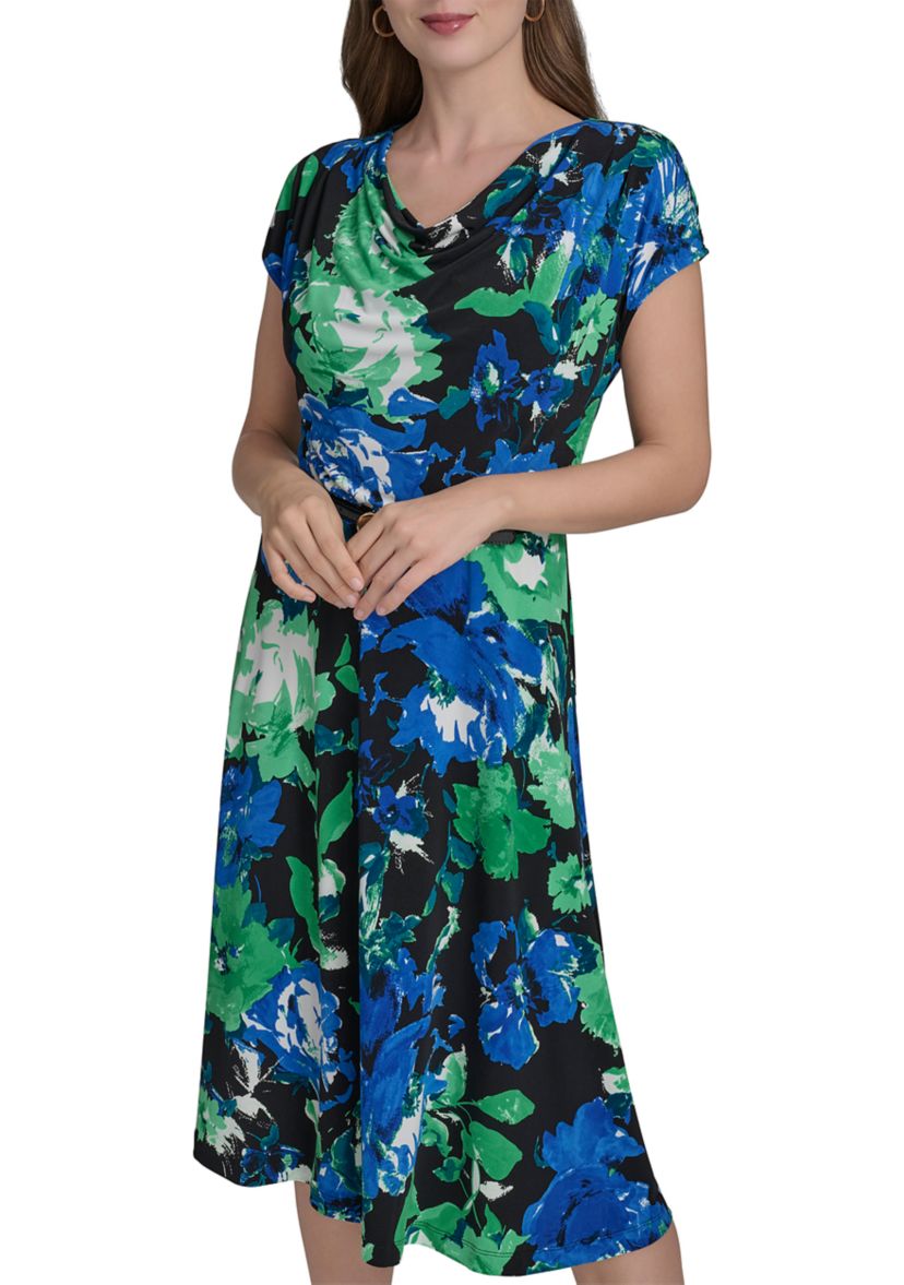 Womens Short Sleeve Cowl Neck Floral Print Belted Midi Fit and Flare Dress 