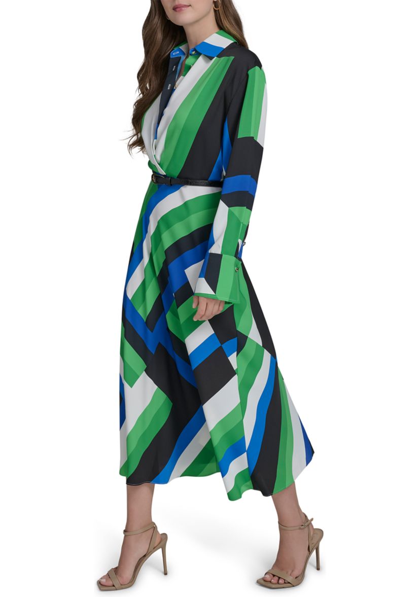 Halston Women's Long Sleeve Collared Geometric Print Belted Midi Fit and Flare  Dress | Belk