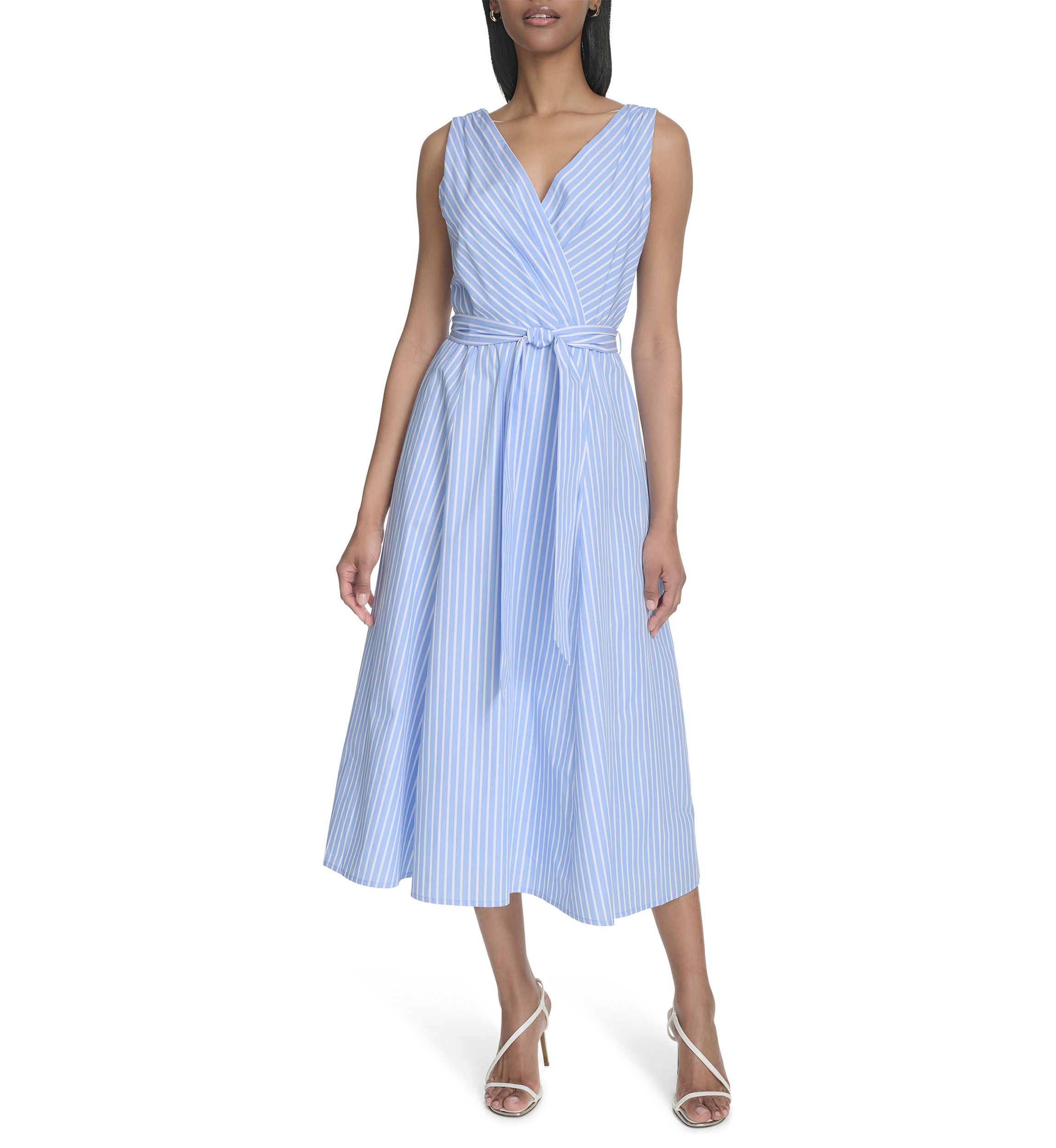 Womens Sleeveless V-Neck Stripe Print Tie Waist A-Line Dress