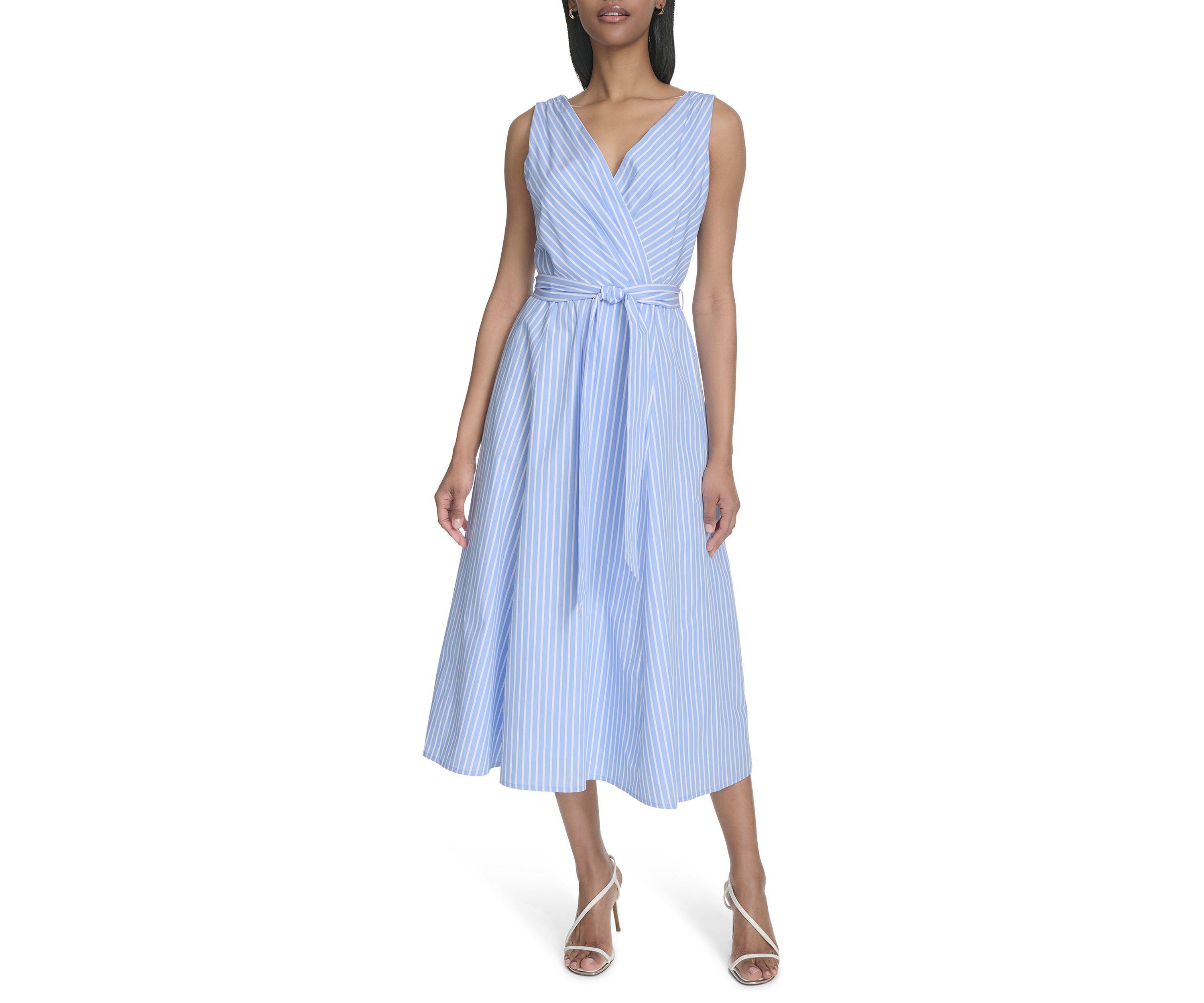 Womens Sleeveless V-Neck Stripe Print Tie Waist A-Line Dress
