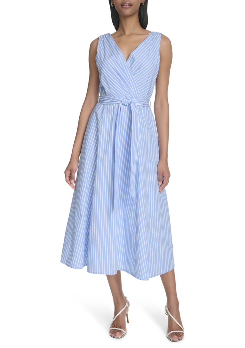 Womens Sleeveless V-Neck Stripe Print Tie Waist A-Line Dress