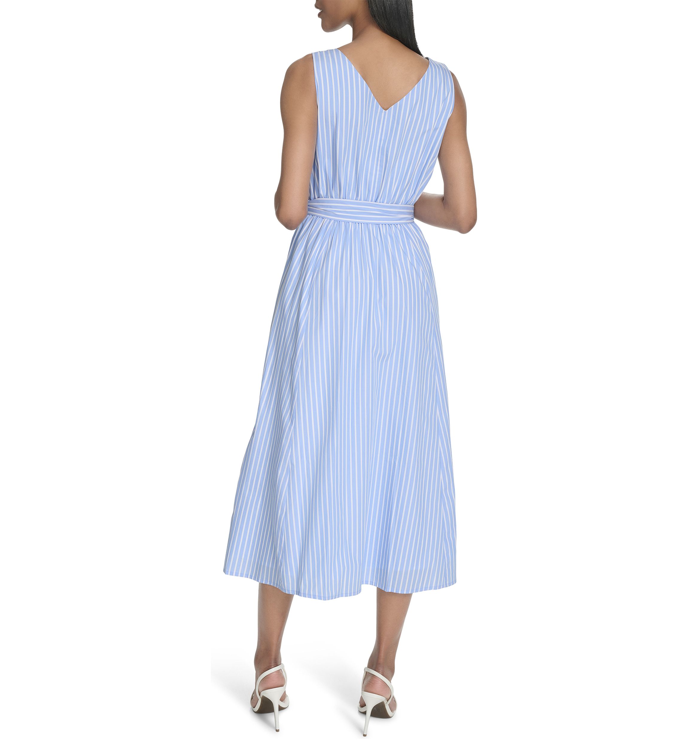 Womens Sleeveless V-Neck Stripe Print Tie Waist A-Line Dress
