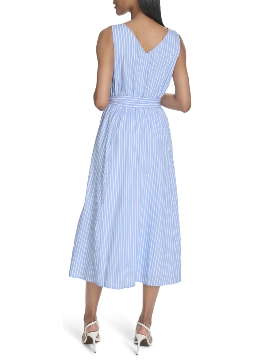 Womens Sleeveless V-Neck Stripe Print Tie Waist A-Line Dress