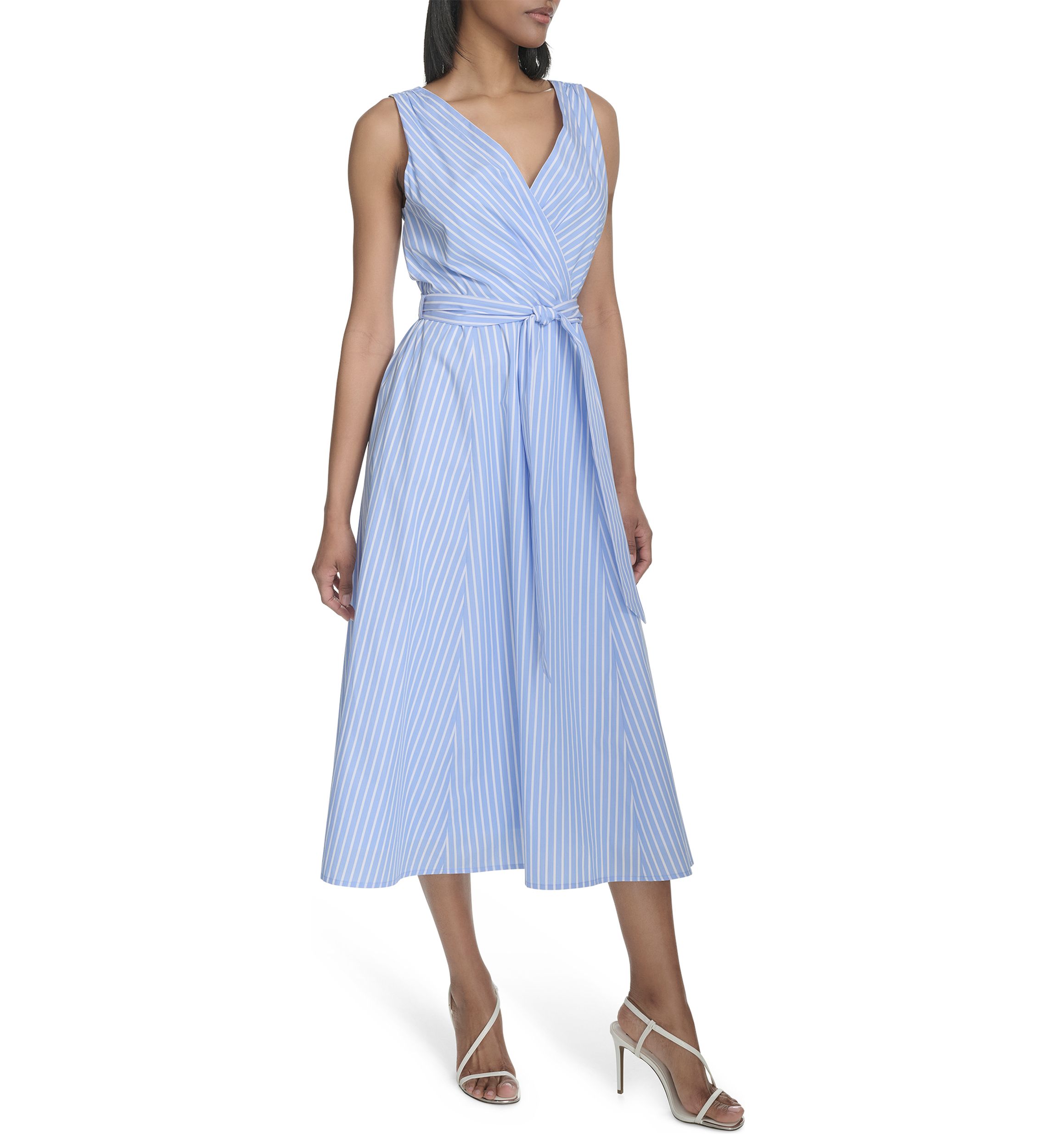 Womens Sleeveless V-Neck Stripe Print Tie Waist A-Line Dress
