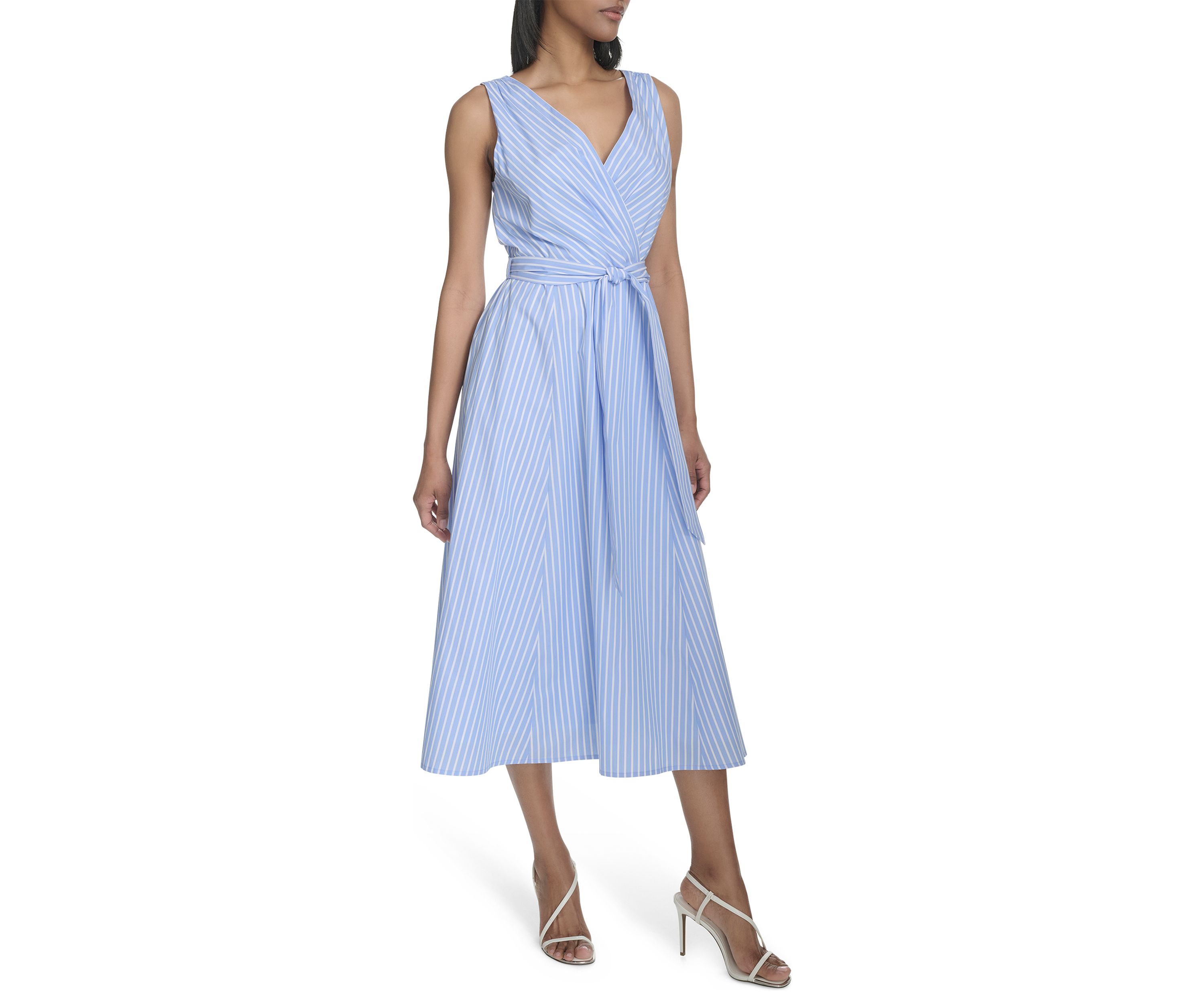 Womens Sleeveless V-Neck Stripe Print Tie Waist A-Line Dress