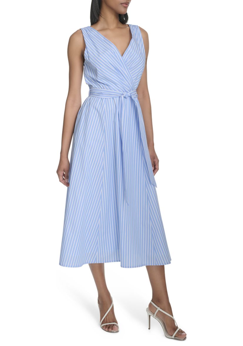 Womens Sleeveless V-Neck Stripe Print Tie Waist A-Line Dress