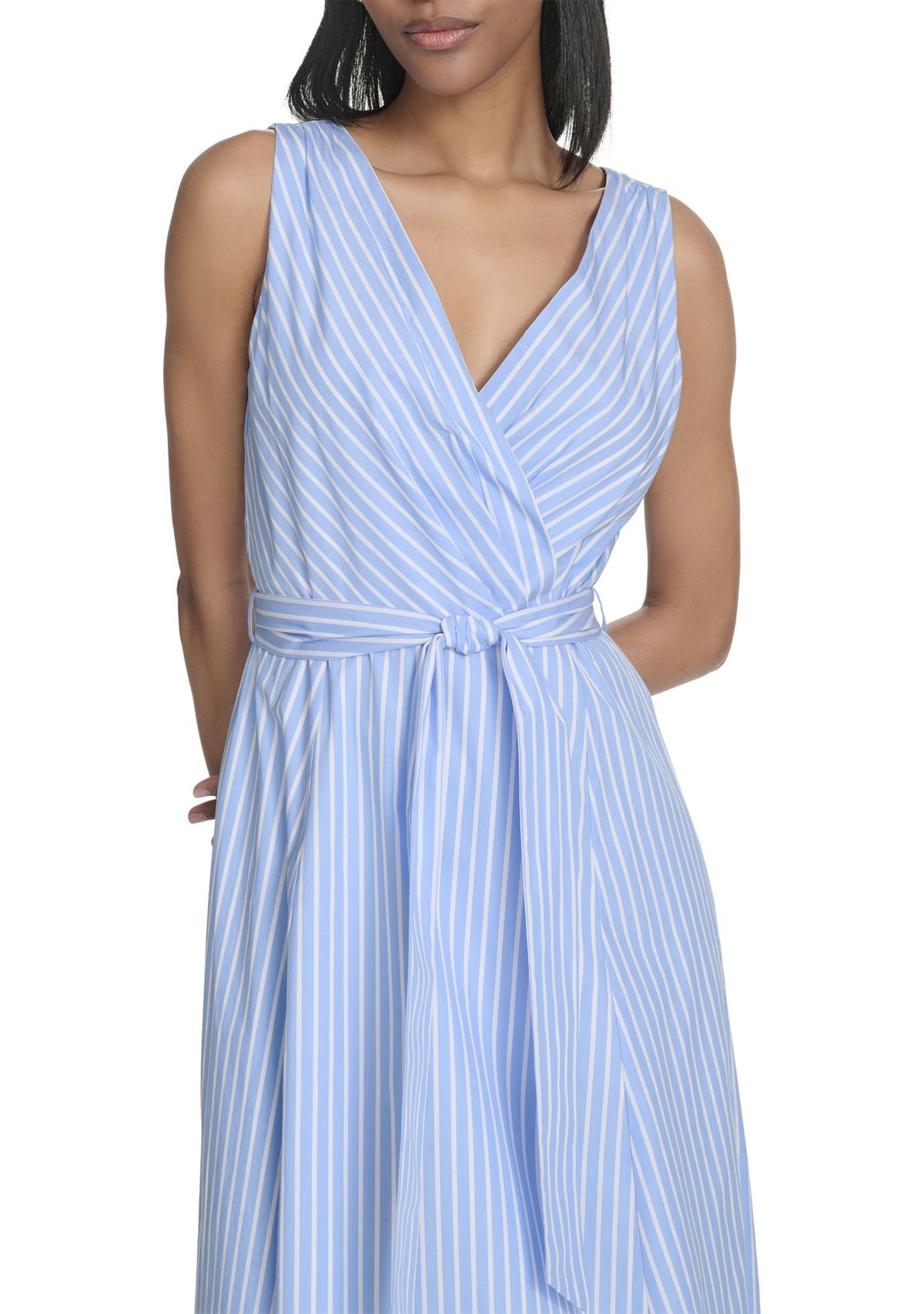 Womens Sleeveless V-Neck Stripe Print Tie Waist A-Line Dress
