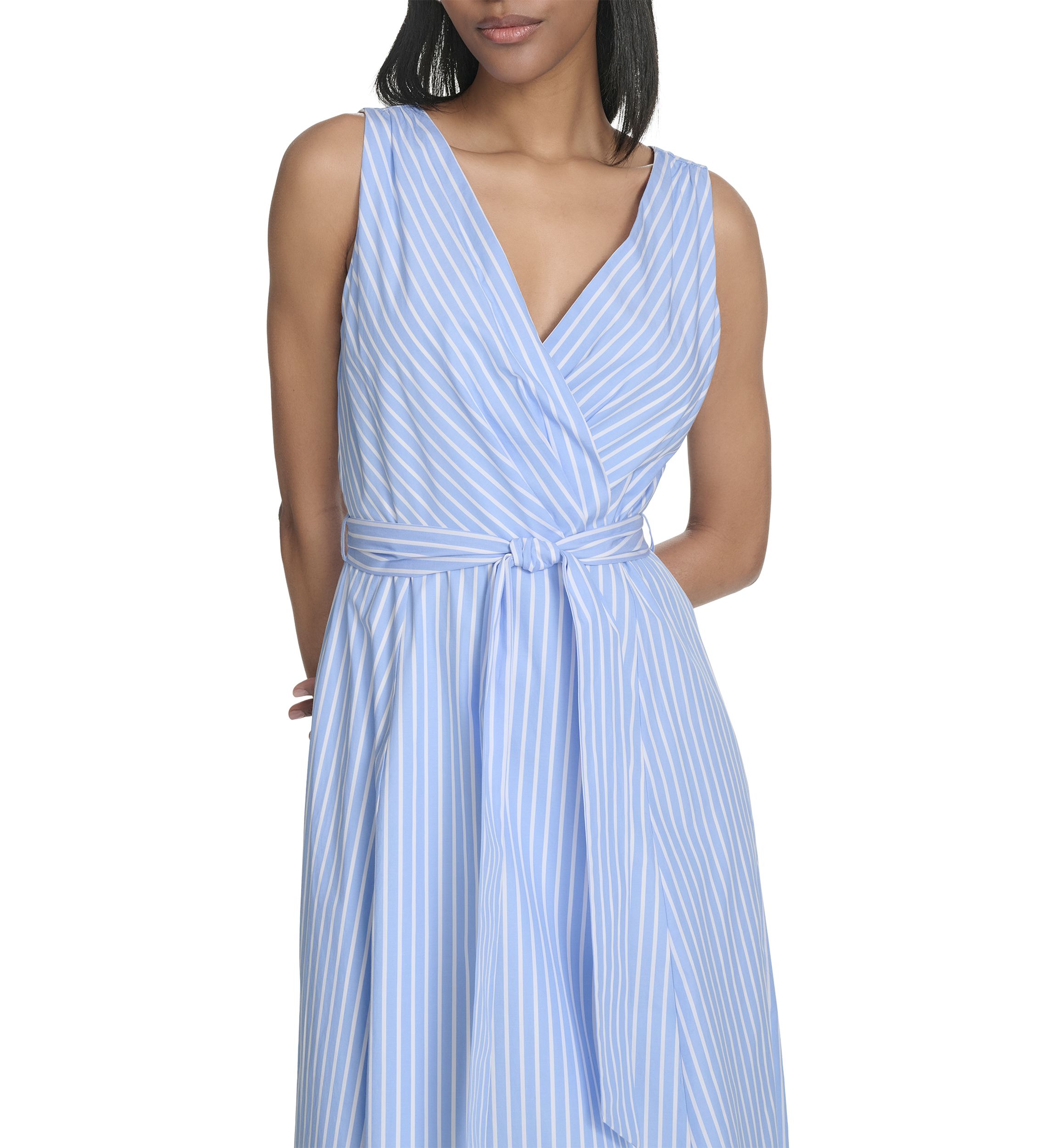 Womens Sleeveless V-Neck Stripe Print Tie Waist A-Line Dress