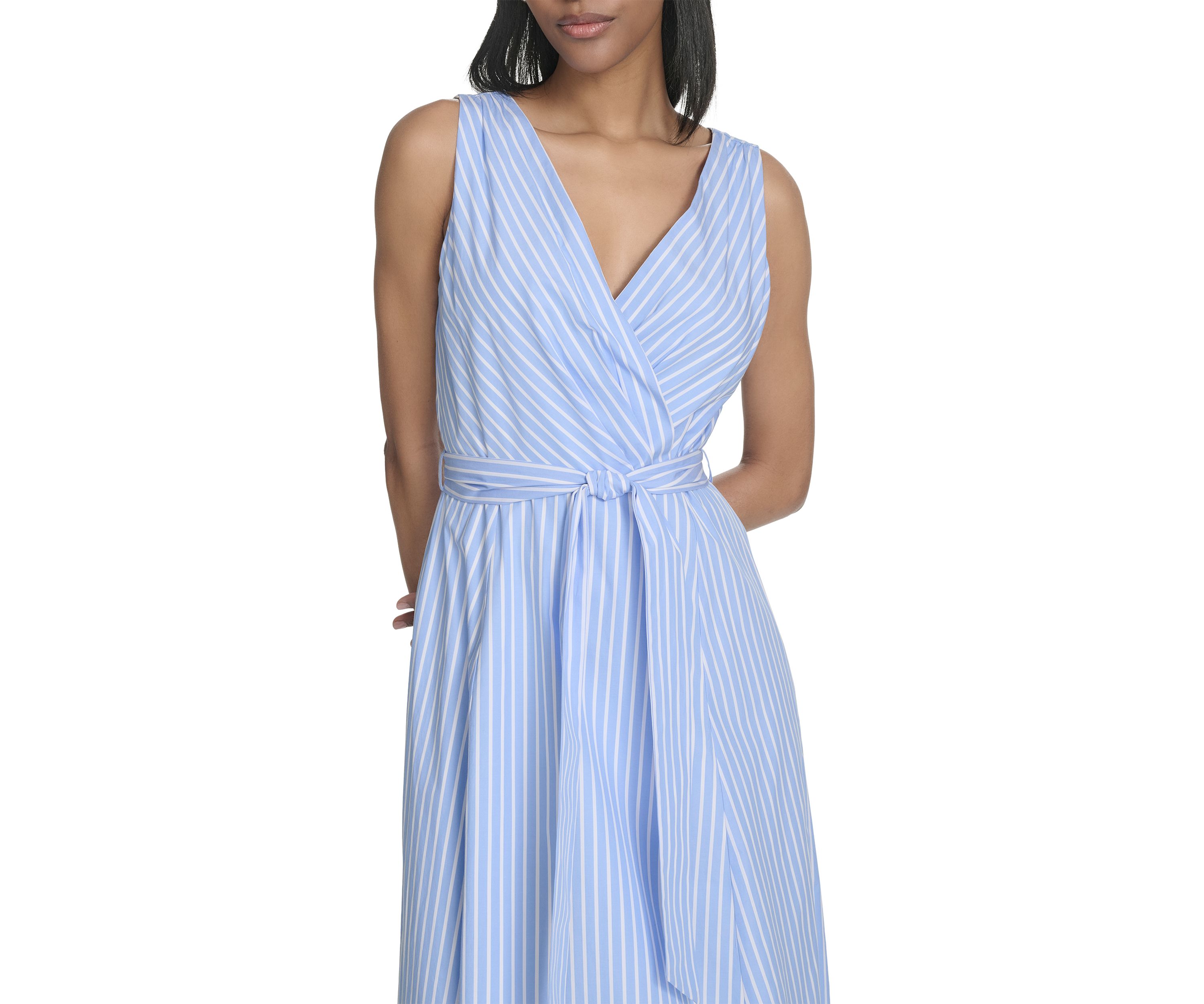 Womens Sleeveless V-Neck Stripe Print Tie Waist A-Line Dress