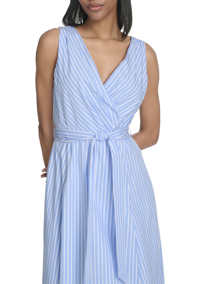 Womens Sleeveless V-Neck Stripe Print Tie Waist A-Line Dress