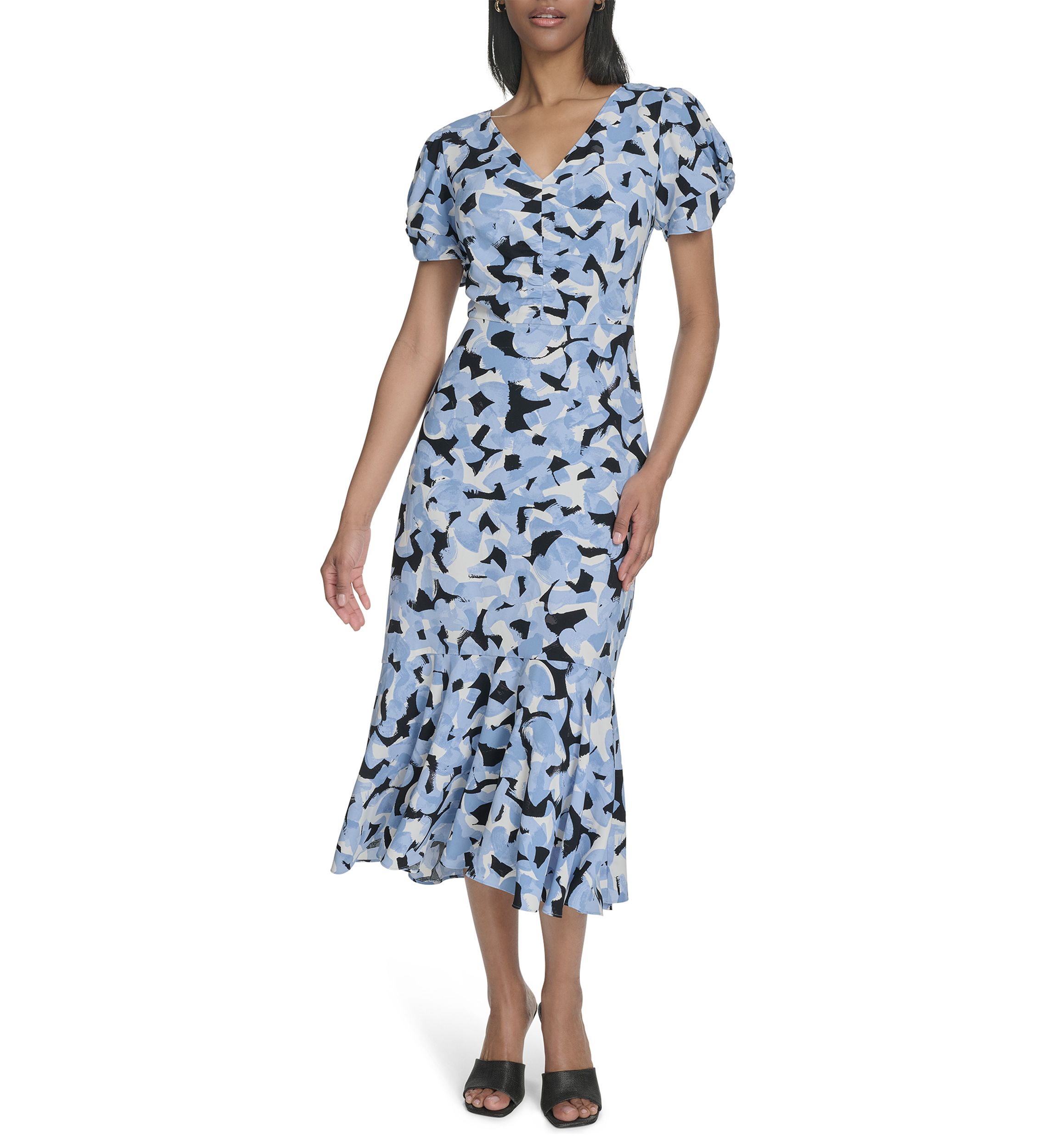 Womens Short Sleeve V-Neck Floral Print A-Line Dress