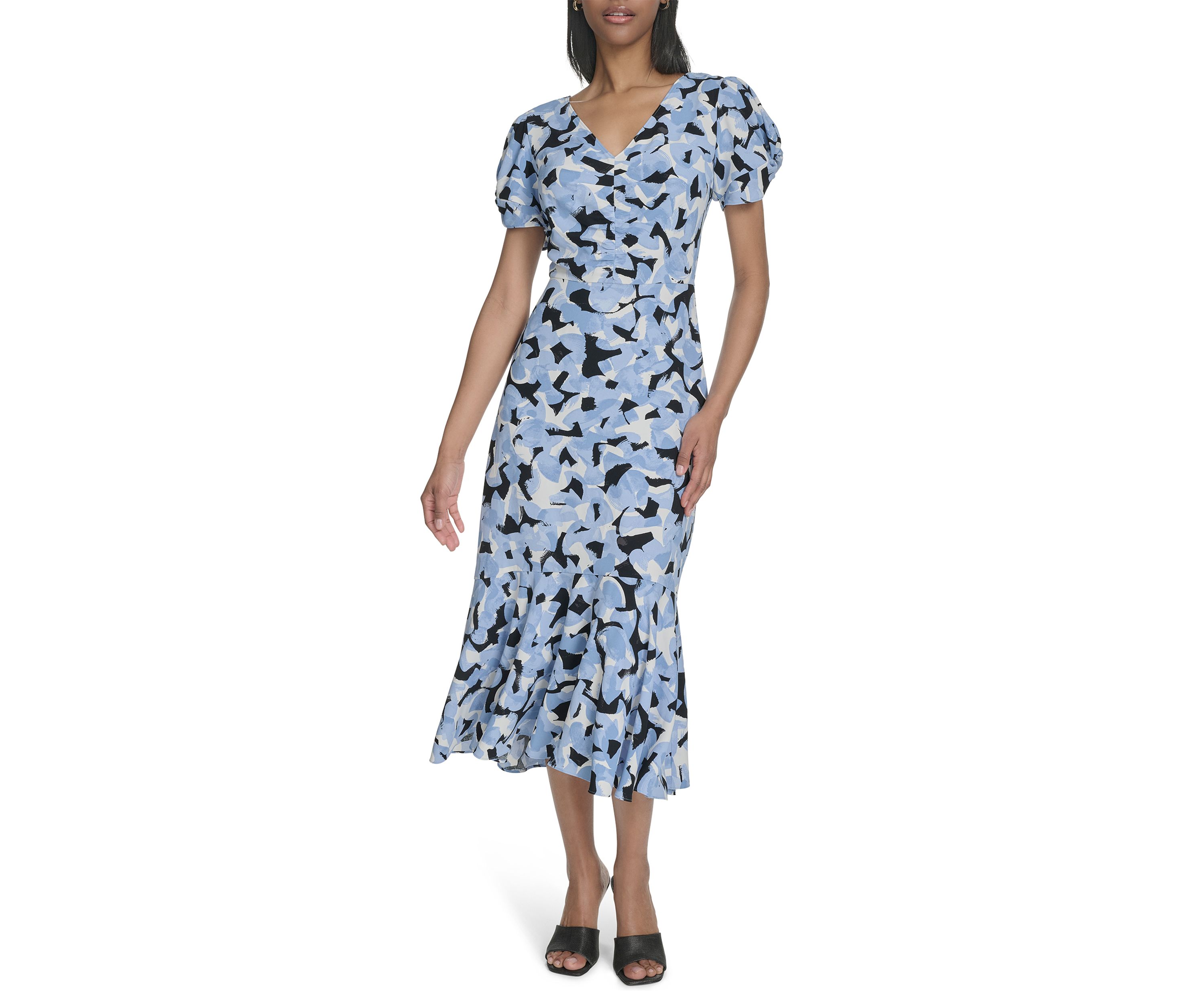 Womens Short Sleeve V-Neck Floral Print A-Line Dress