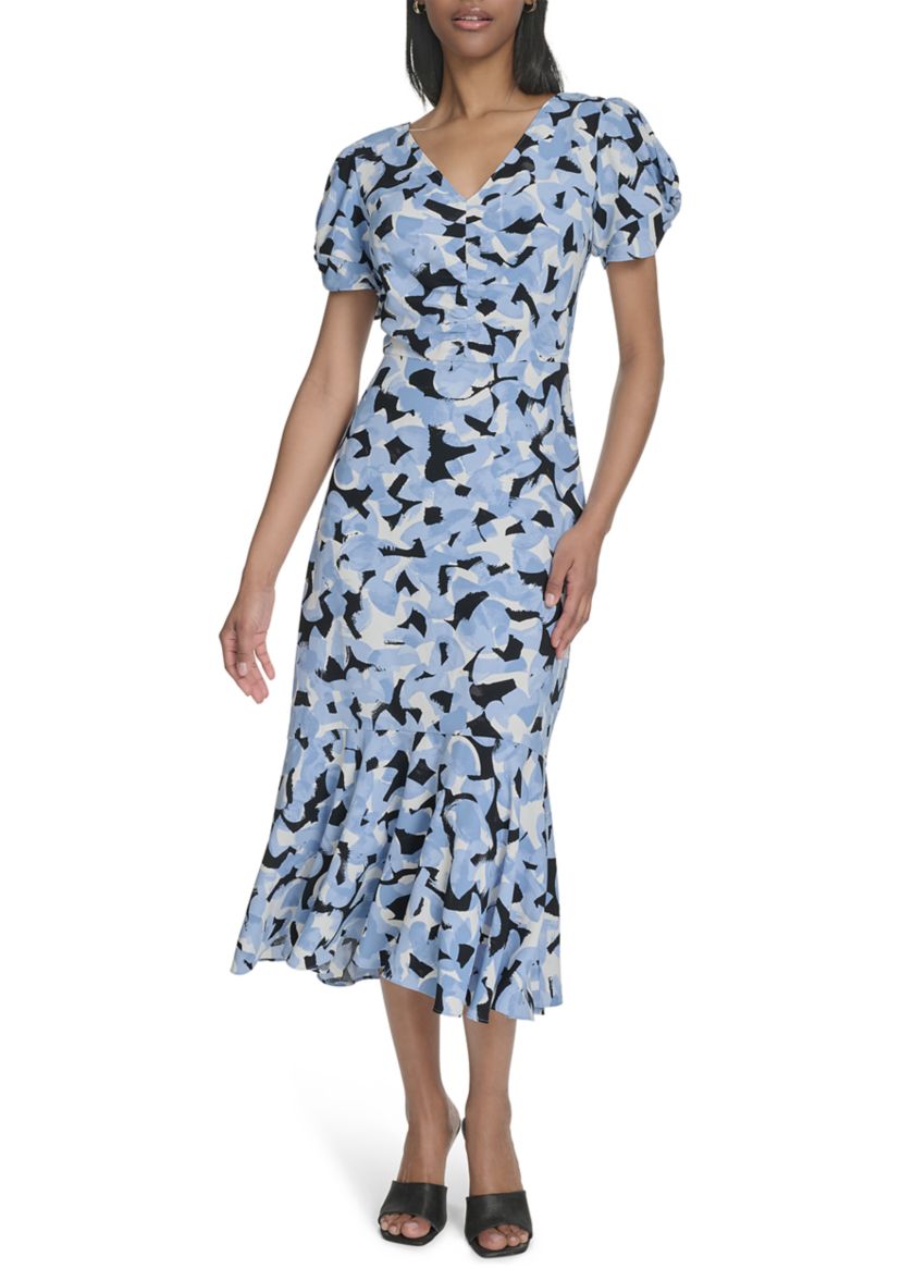 Womens Short Sleeve V-Neck Floral Print A-Line Dress