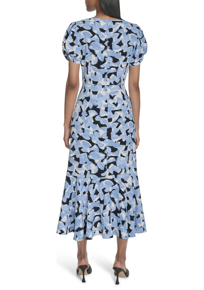 Womens Short Sleeve V-Neck Floral Print A-Line Dress