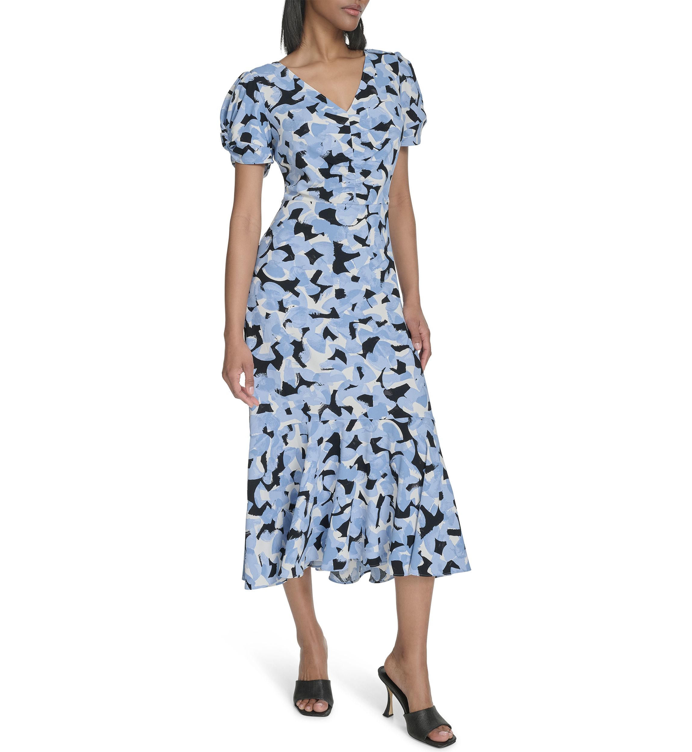 Womens Short Sleeve V-Neck Floral Print A-Line Dress