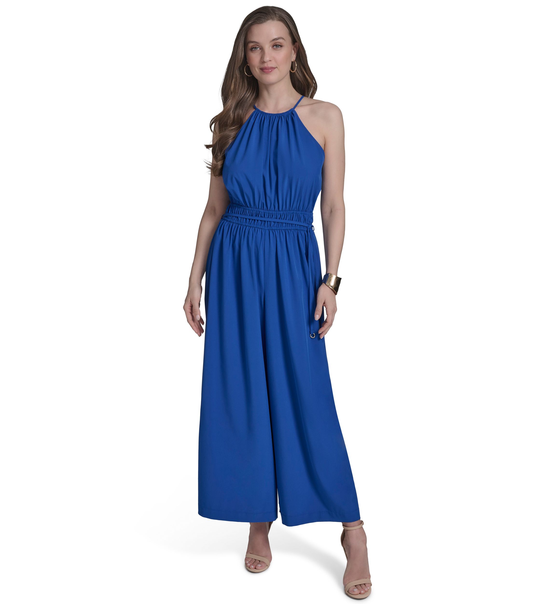 Womens Tie Back Halter Flare Jumpsuit