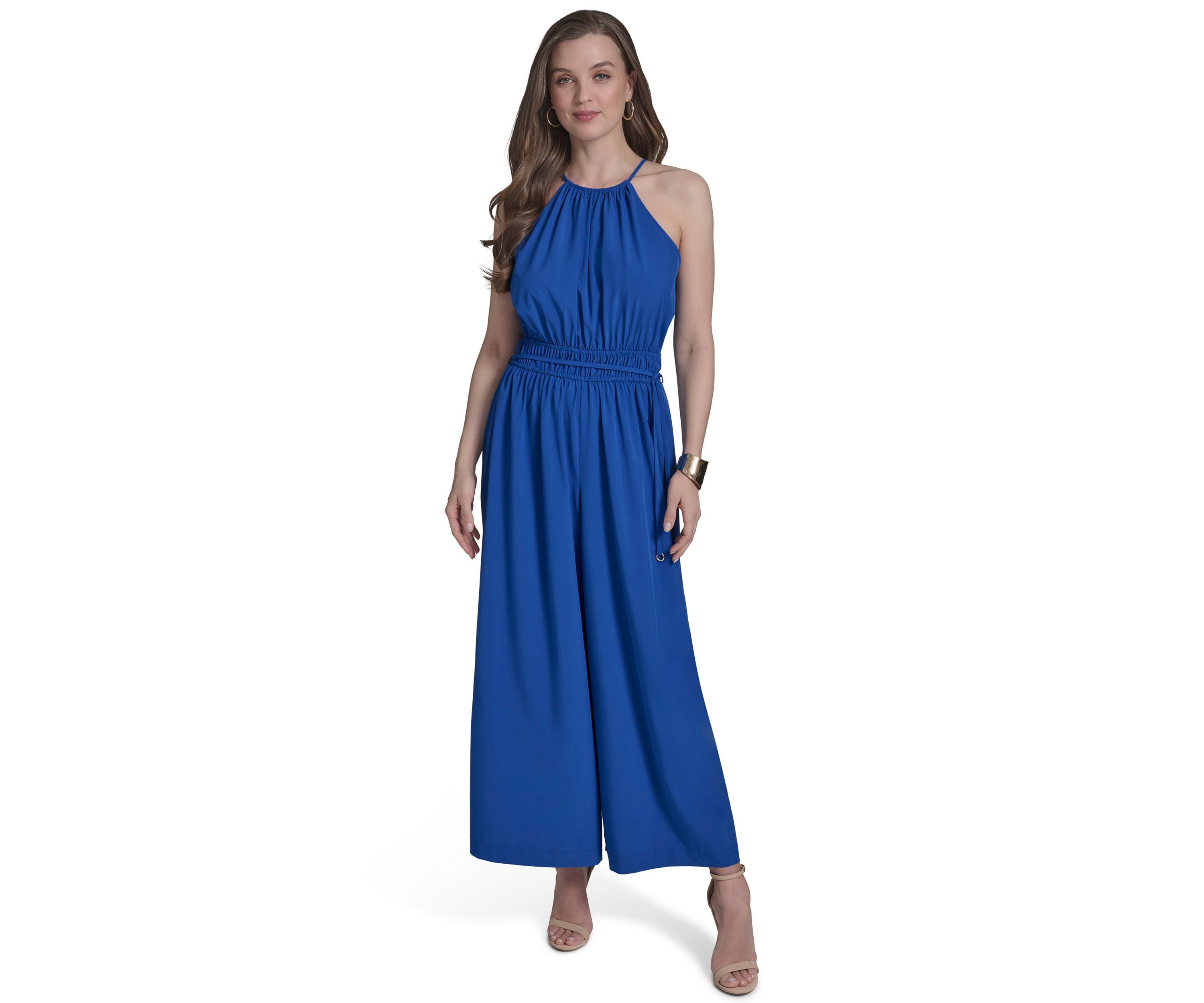 Womens Tie Back Halter Flare Jumpsuit