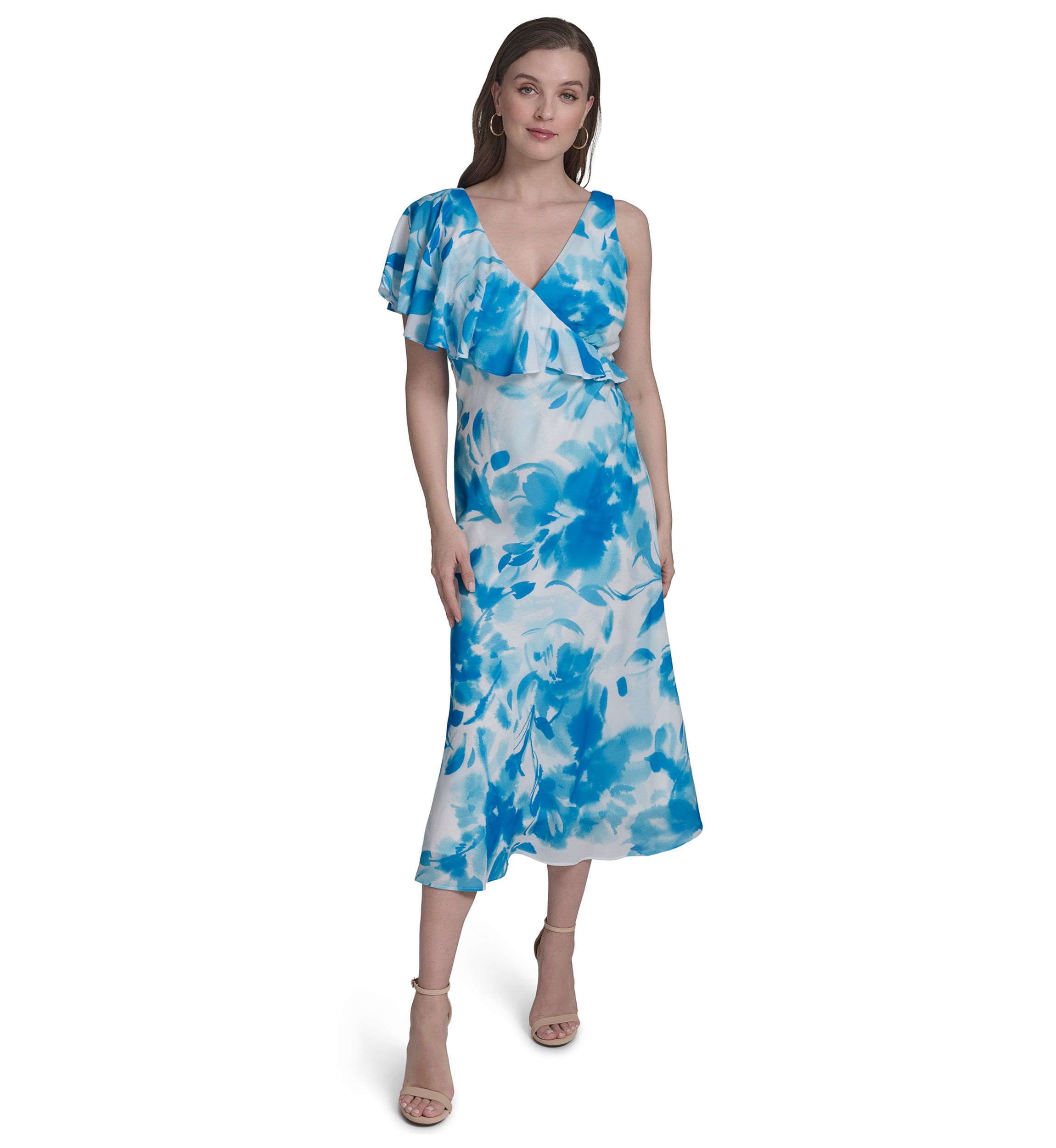 Womens One-Shoulder Ruffle Flare Dress 