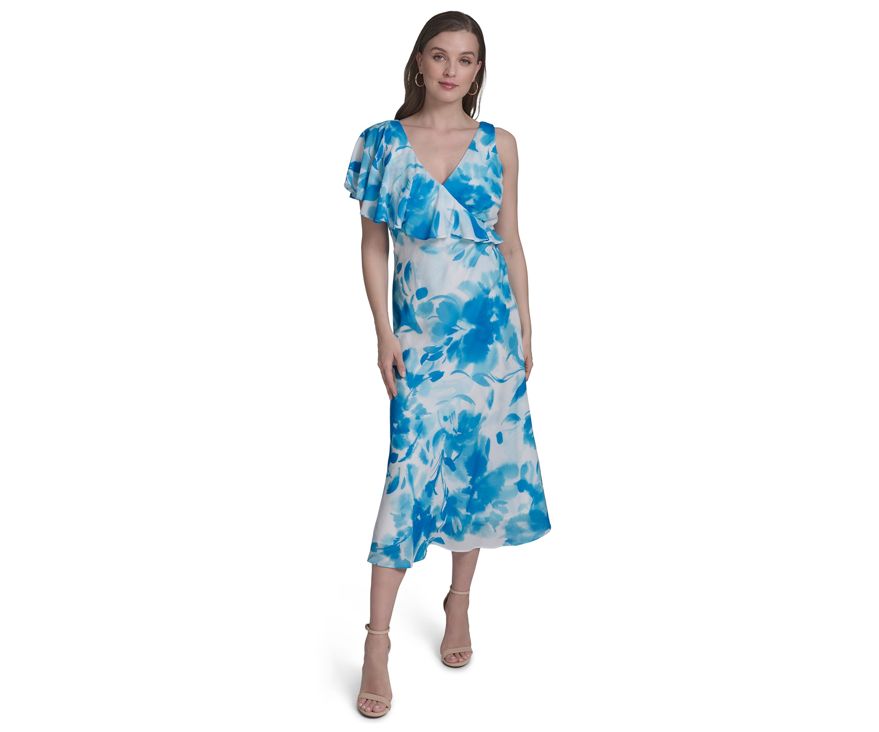 Womens One-Shoulder Ruffle Flare Dress 